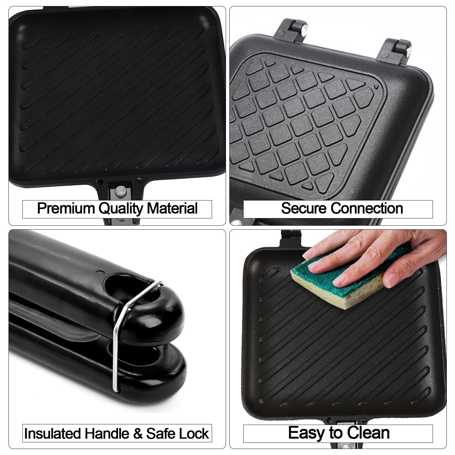 Sartén para sándwiches a la parrilla, tostada con asa, sartén abatible de aluminio antiadherente de doble cara para cocineros caseros, tostadas, cocina, desayuno, campamento, color negro 6