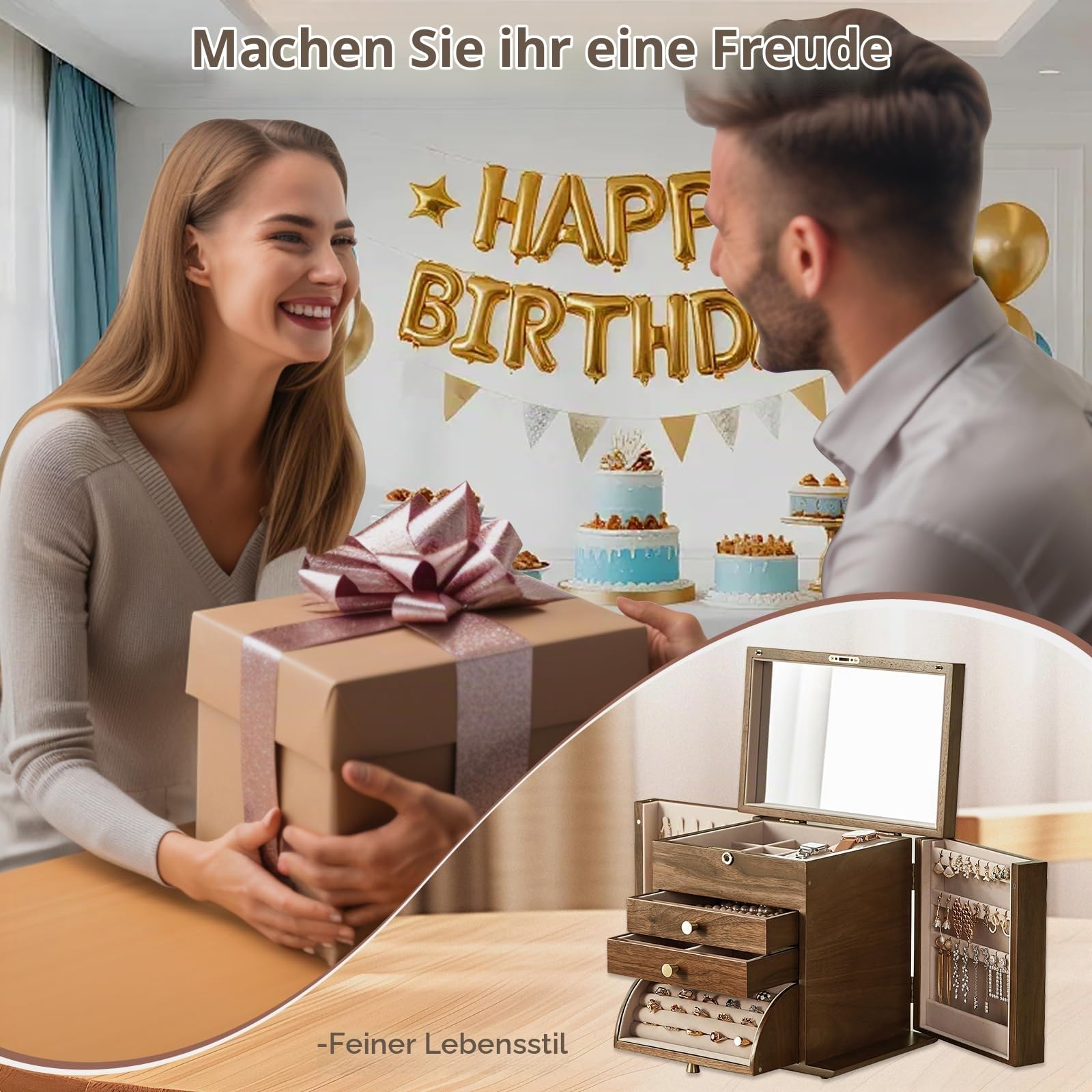 Vintage Schmuckkästchen aus Holz 4 Ebenen Schmuckaufbewahrung Schmuckkasten Groß Schmuckschatulle Massivholz 3 Schubladen Schmuckbox mit Spiegel für Damen Schmuck Ringe Ketten Armbänder