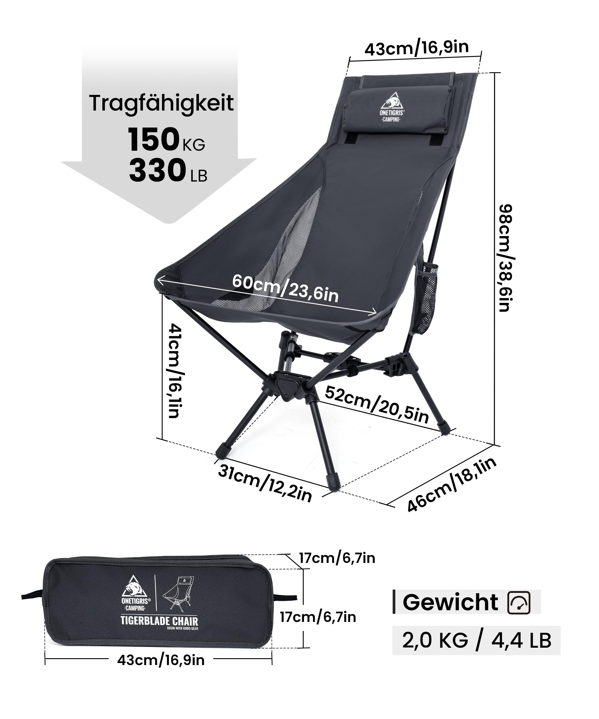 OneTigris TIGERBLADE Krzesło kempingowe z wysokim oparciem, składane, 150 kg, lekkie krzesło kempingowe, trójkątna rama, krzesło wędkarskie, składane z 2 kieszeniami bocznymi, ultralekkie krzesło do