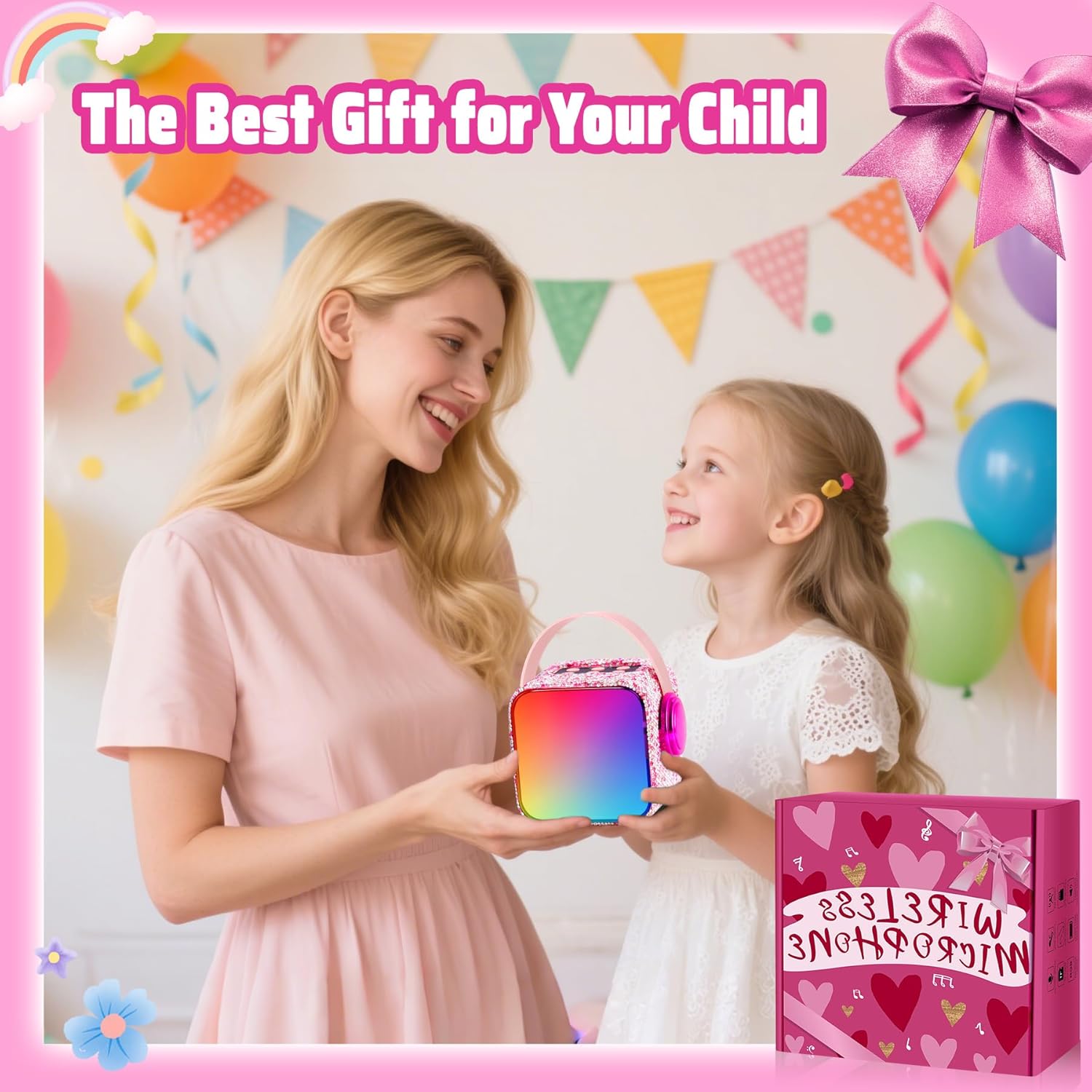 Karaoke Machine for Kids, Birthday Gifts for 3 4 5 6 7 8 9 10 11 Year Old Girl Boy, Portable Speaker with Colorful LED Lights and 2 Mics, Toys for Ages 3-12 (Pink-1)