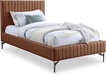 Meridian Furniture GalloCognac-T Gallo Collection Modern | Contemporary Twin Bed with Soft Cognac Vegan Leather, Deep Channel Tufting and Black Metal Legs, 44" W x 84.5" D x 43.5" H, Cognac, Twin