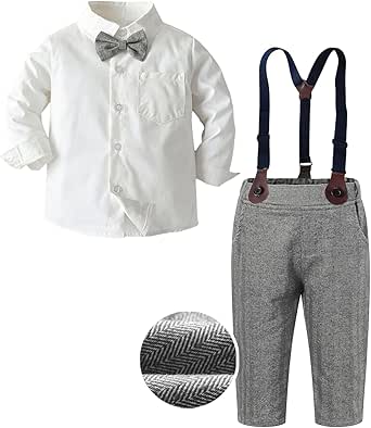 SANGTREE Baby Dress Shirt with Bowtie & Suspender Pants