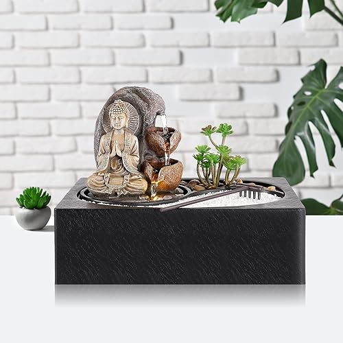 Miniatura 5 de WICHEMI Fuente de agua para interiores, fuente de agua, fuente de mesa, fuente de Buda de jardín zen con luz LED cálida para oficina, hogar y