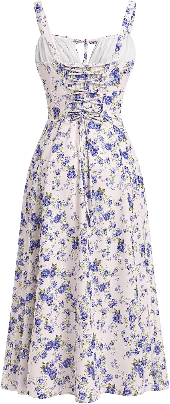 Odizli Women's Summer Sexy Sleeveless Spaghetti Straps Boho Flowers Long Dress with Slit