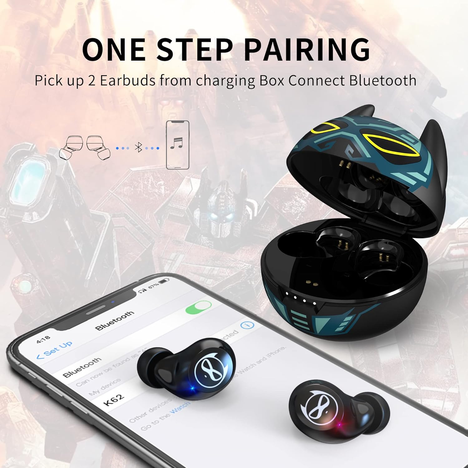 Wireless Earbuds, Bluetooth 5.0 Stereo Headphones, in-Ear Sweat-Proof Wireless Earphones Dual Mic and Noise Reduction, Touch Control Headset with Cartoon Blue Changing Men Charging Case
