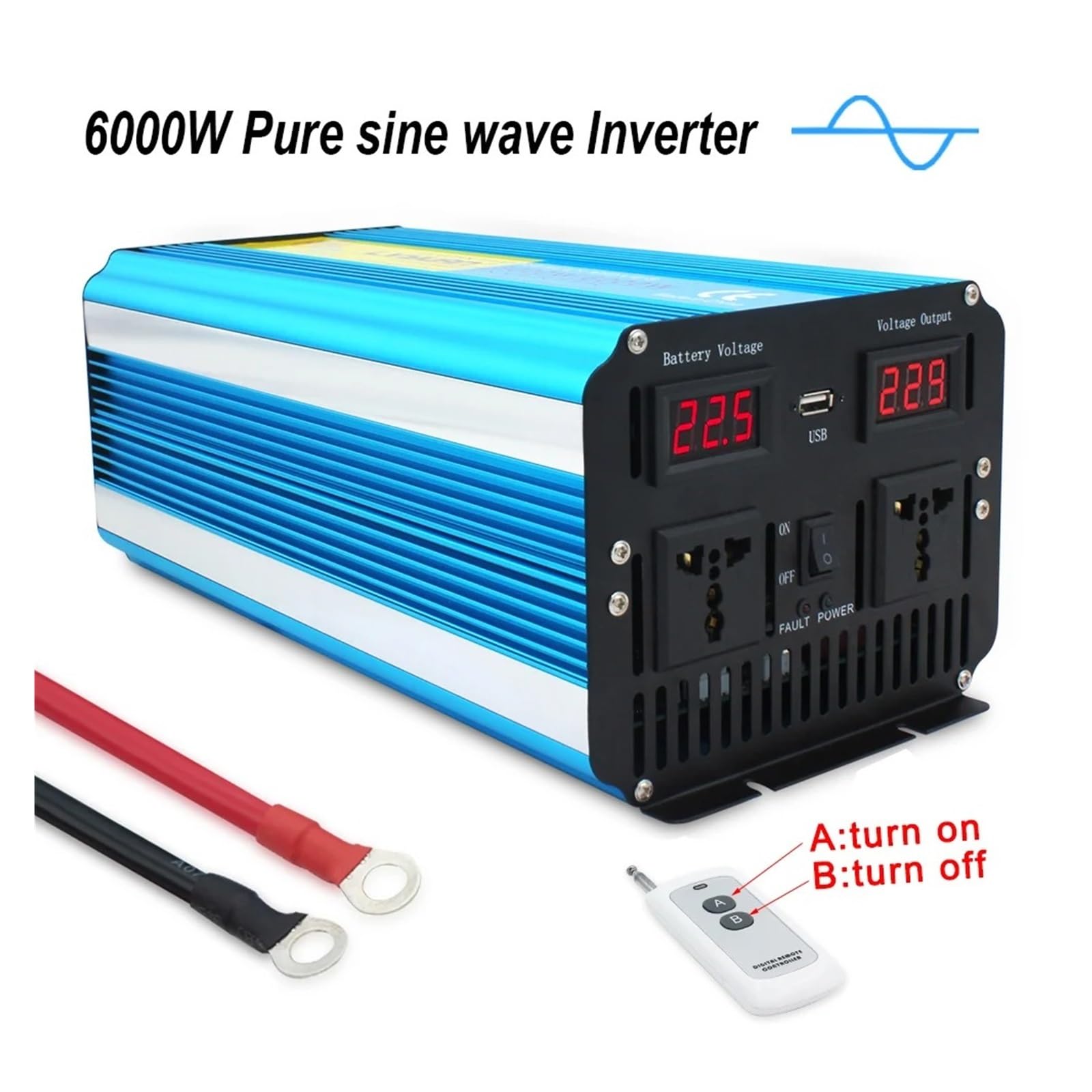 Inversor Corriente 3000 W/6000 W CC 12 V/24 V con Control Remoto para Frigorífico 220 V/230 V 50 Hz/60 Hz Pantalla LED Onda Sinusoidal Pura Convertidor(12V,220V 60Hz Universal,6000W)
