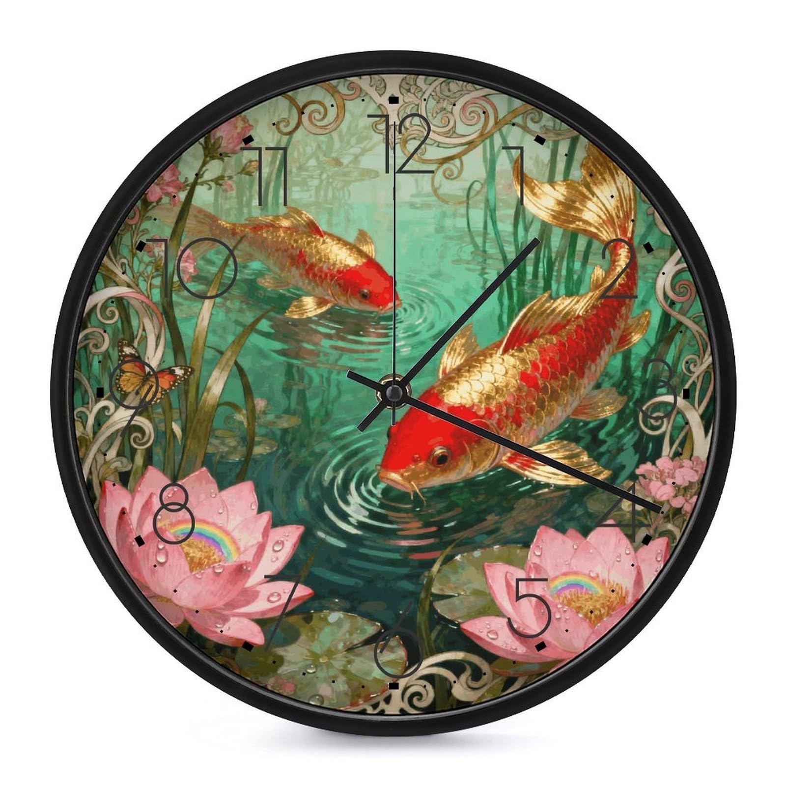 DWVTSLH Koi Lotus Pool Wall Clock 10 Inch Silent Non-Ticking Modern Clocks Battery Operated - Decorative Wall Clocks for Bedroom Living Room Kitchen Office Wall Decor Gift Idea