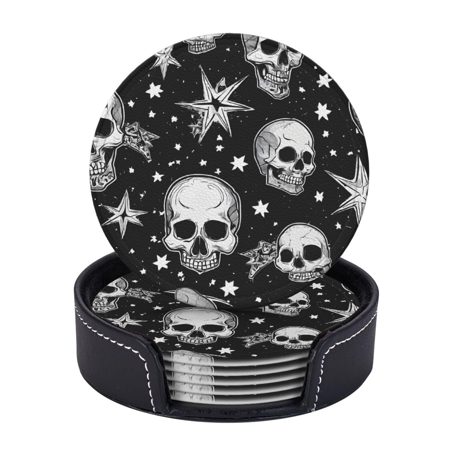 Coasters Set of 6 Microfiber PU leather Coasters with Holders for Drinks Coffee Bar Accessories, House Apartment Coffee Table Decor, Housewarming Gifts - White Punk Skull