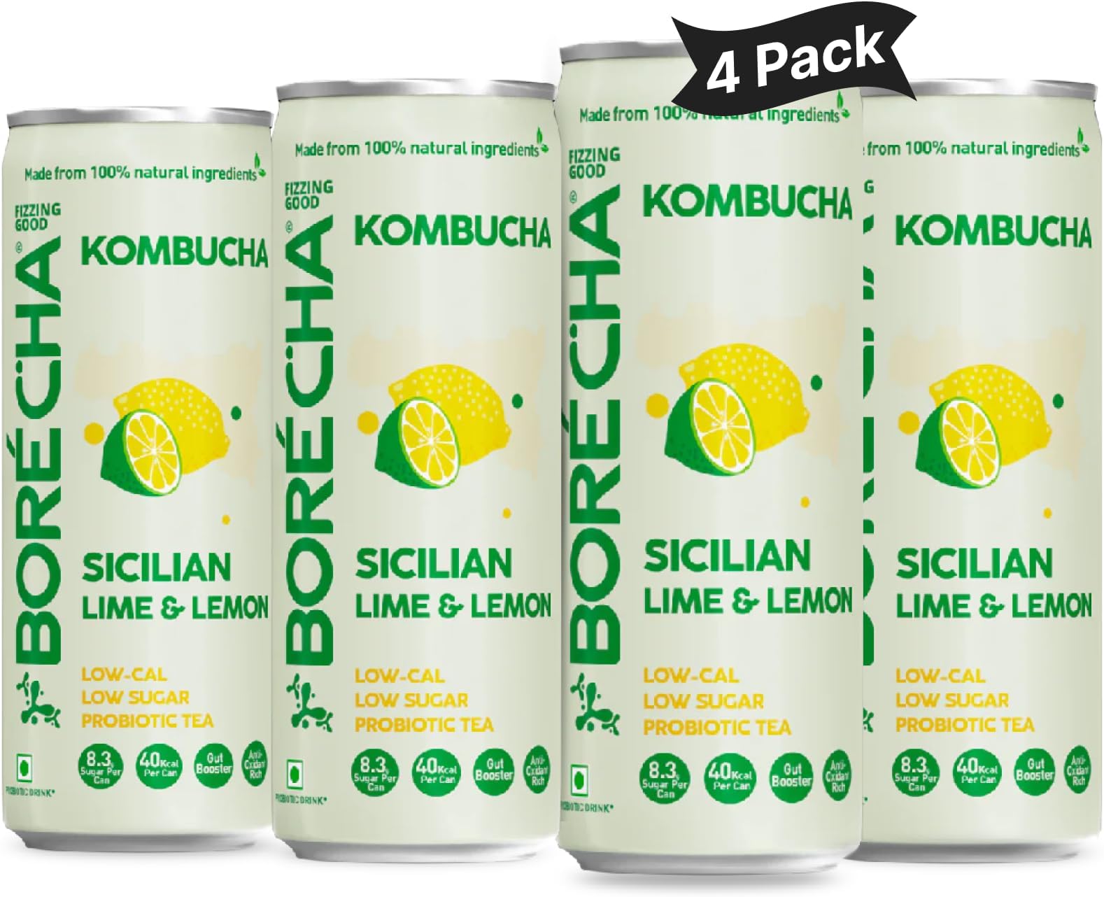 BoréchaSicilian Lime and Lemon Kombucha Drink | Low Calorie Low Sugar Prebiotic Beverage | Organic Sparkling Fermented Tea | Vegan and Gut Friendly Energizing Kombucha 330ml (Pack of 4)