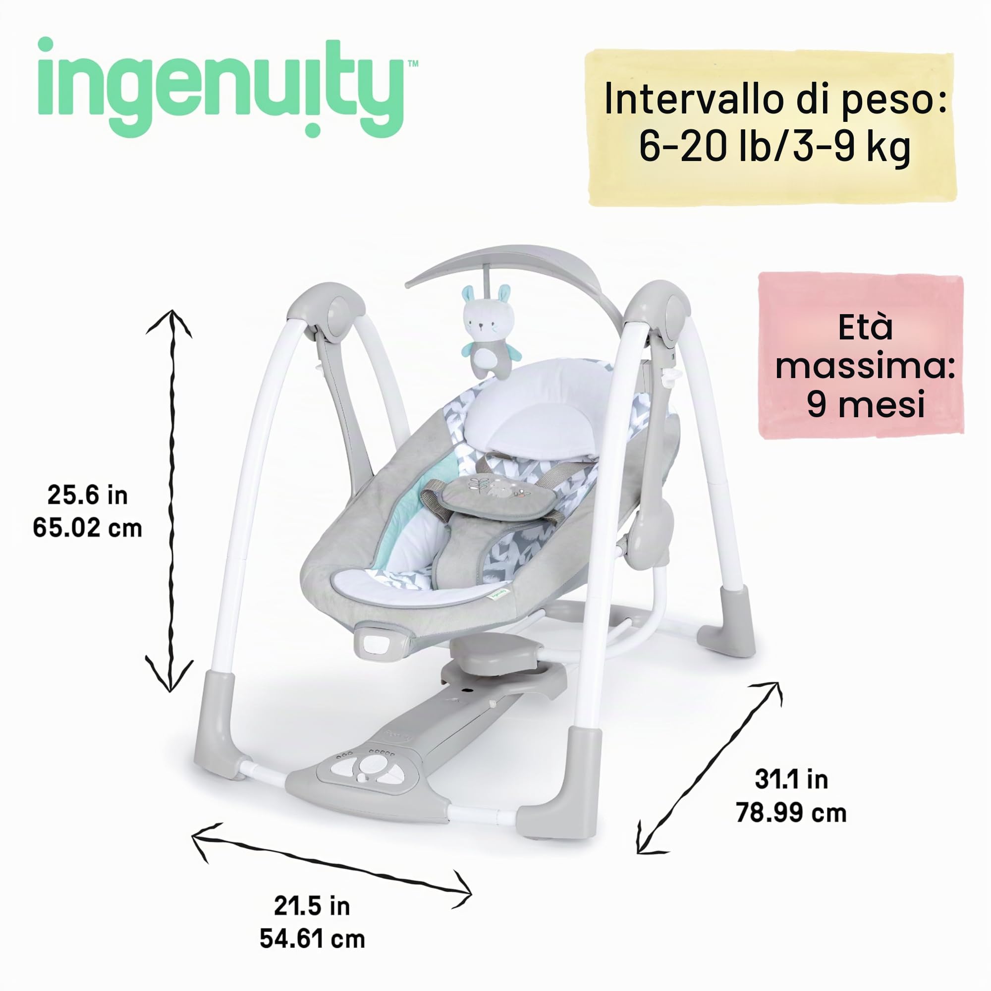 Ingenuity, Swing 'n Go Altalena portatile Cozy Spot - Barra dei giocattoli in legno rimovibile e girevole, 6 velocità, 0-9 mesi o fino a 9 kg