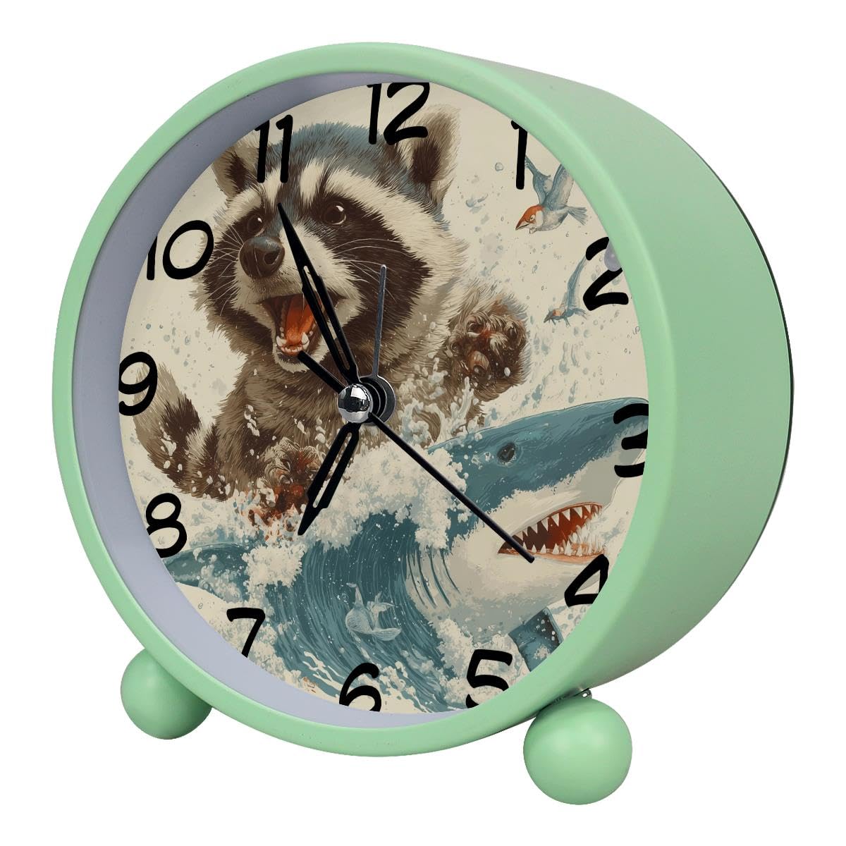 Luoweisi Analog Alarm Clock Raccoon Riding Shark, Silent Non-Ticking with Night Light, Battery Operated, Round Desk Alarm Clock for Office, Bedroom, Elderly, Adults, Children, Student Gifts