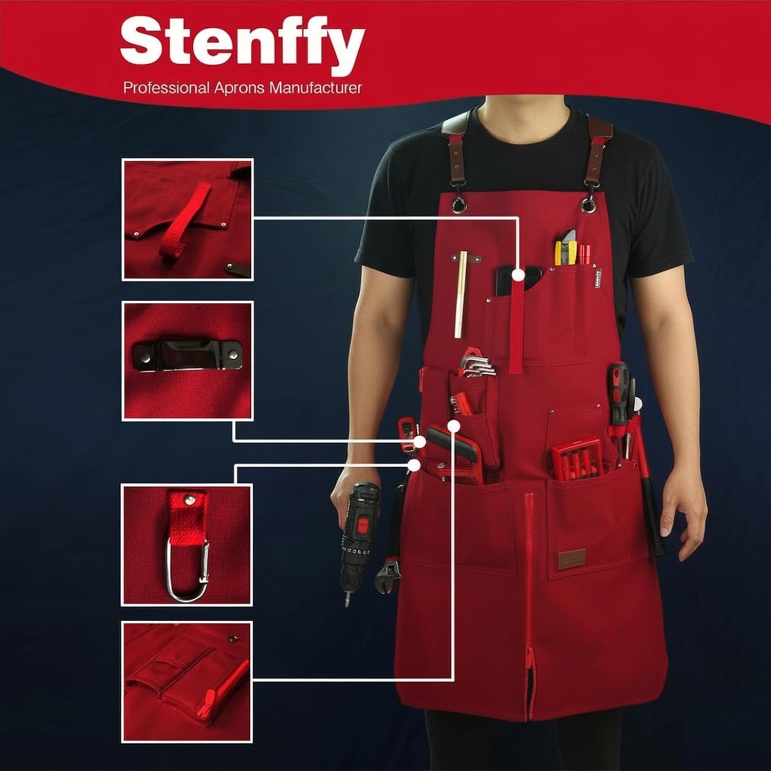 Woodworking Apron, Tool Apron, Canvas, Multiple Pockets, Adjustable Zipper, Metal Ring, Tape Measure Clip, Plus Size, Red - Image 2