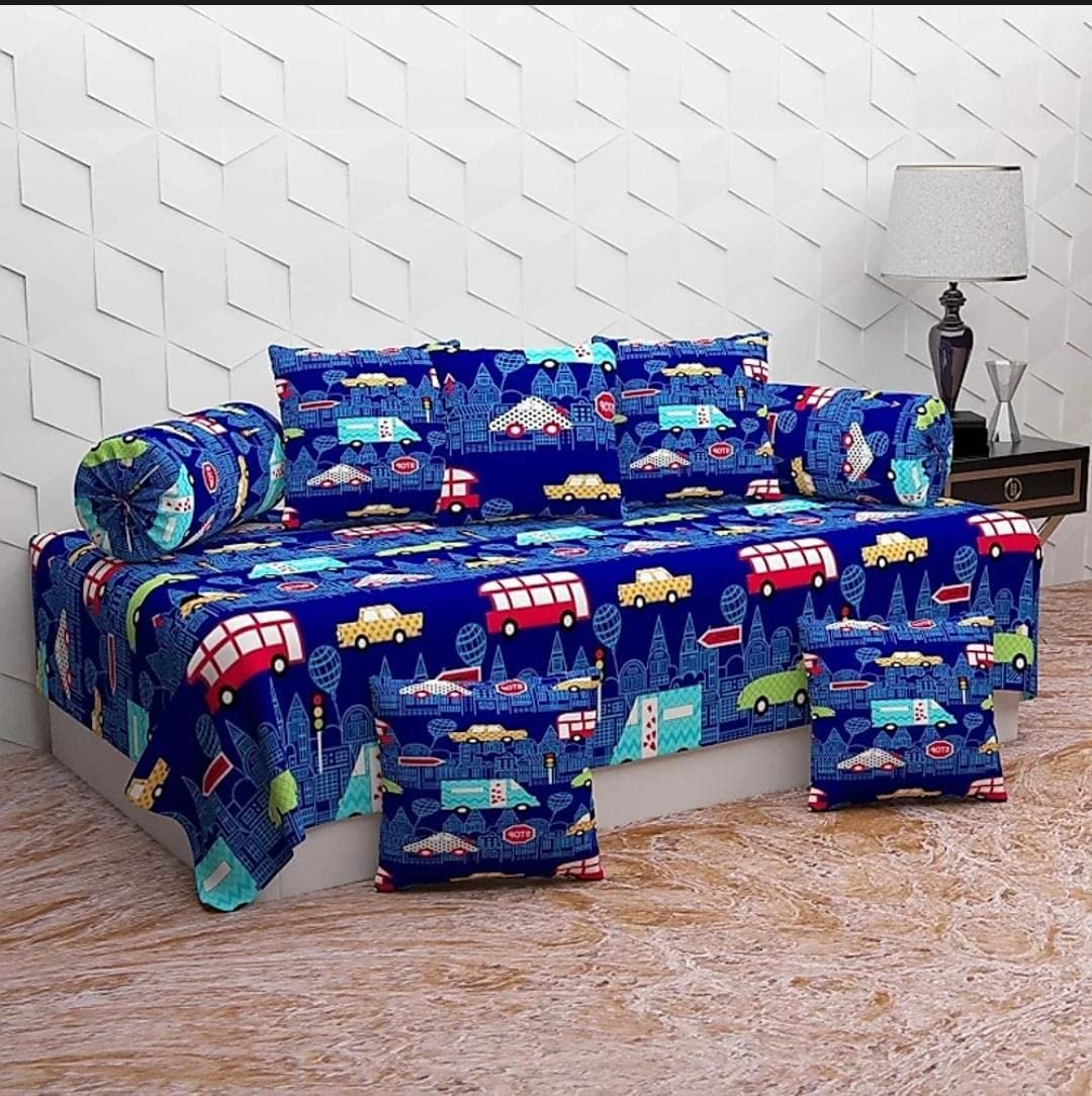 BREVARD 210 TC Glace Cotton 8 Pieces Diwan Set Including 1 Bedsheet, 5 Cushion Covers and 2 Bolster Covers (Blue Cartoon)-image-23