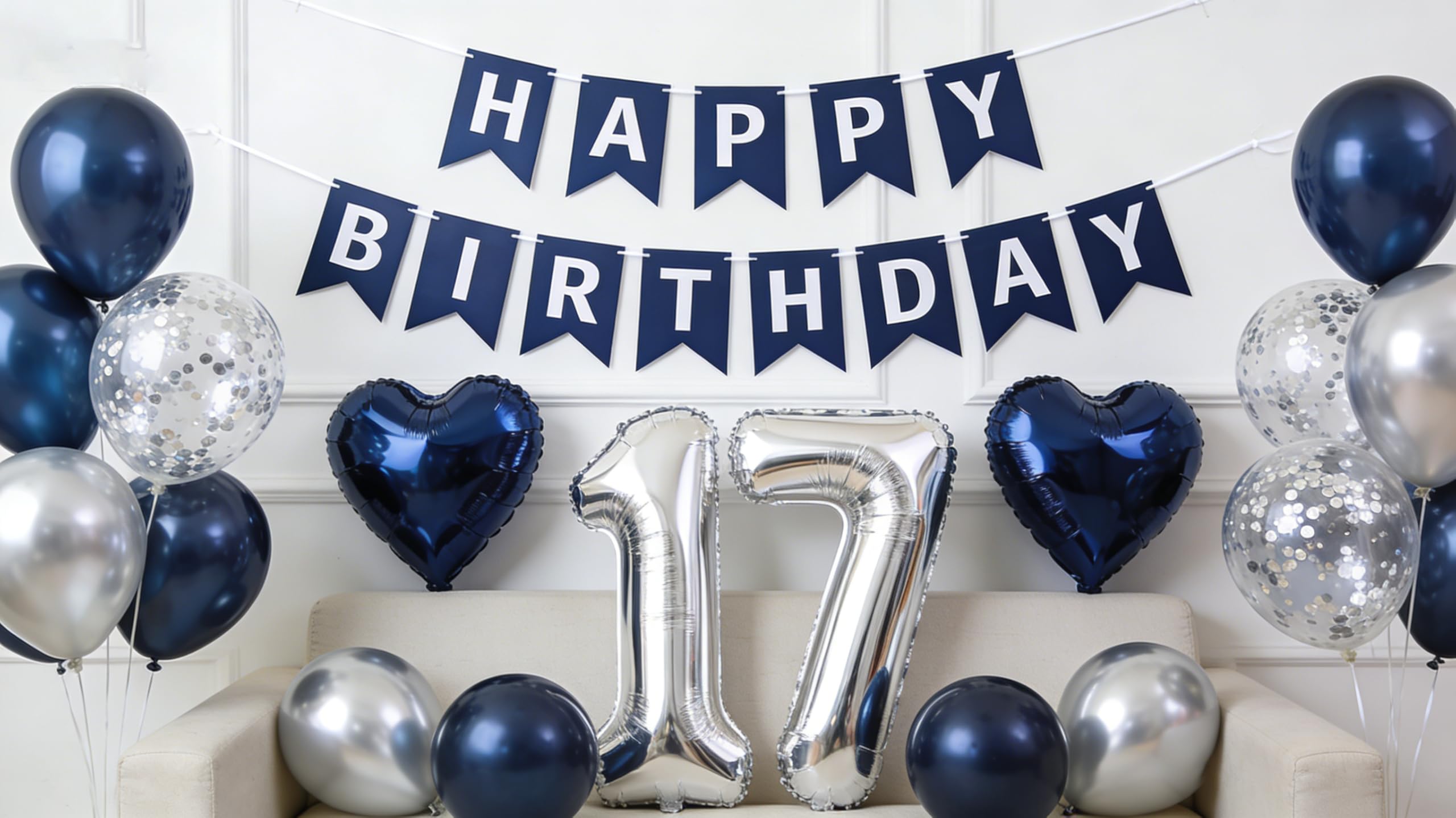 17th Birthday Party Decorations for Boys, Jumbo Silver Number 17 Balloons Birthday Banner Confetti Balloons Supplies for 17 Year Old Him Son Boys Anniversary(17th)