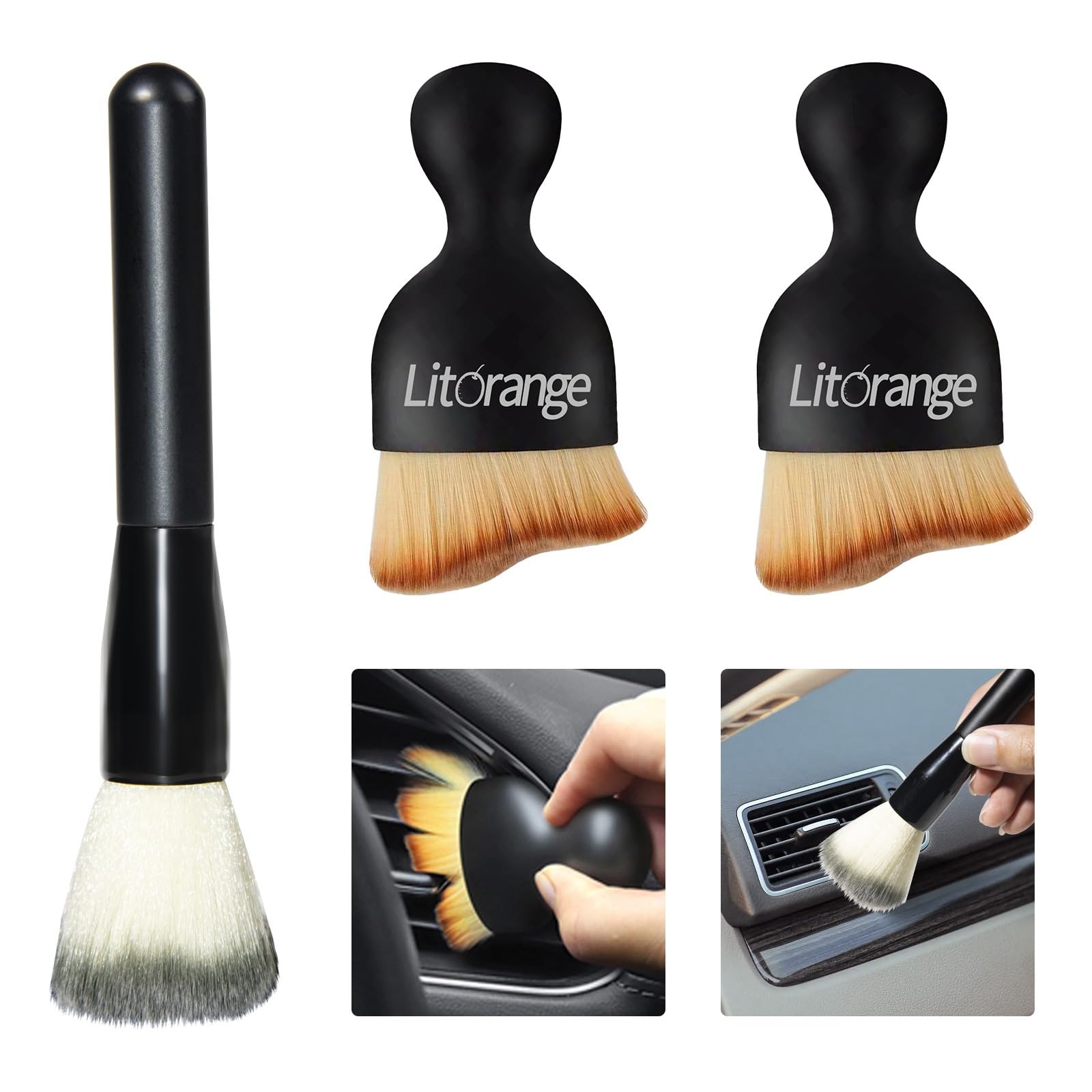 Litorange 3 stuks auto-interieurreinigers, reinigingskwast met zachte borstels, detailpenselenset voor binnenruimtes zoals stuurwiel, ventilatieopeningen enz