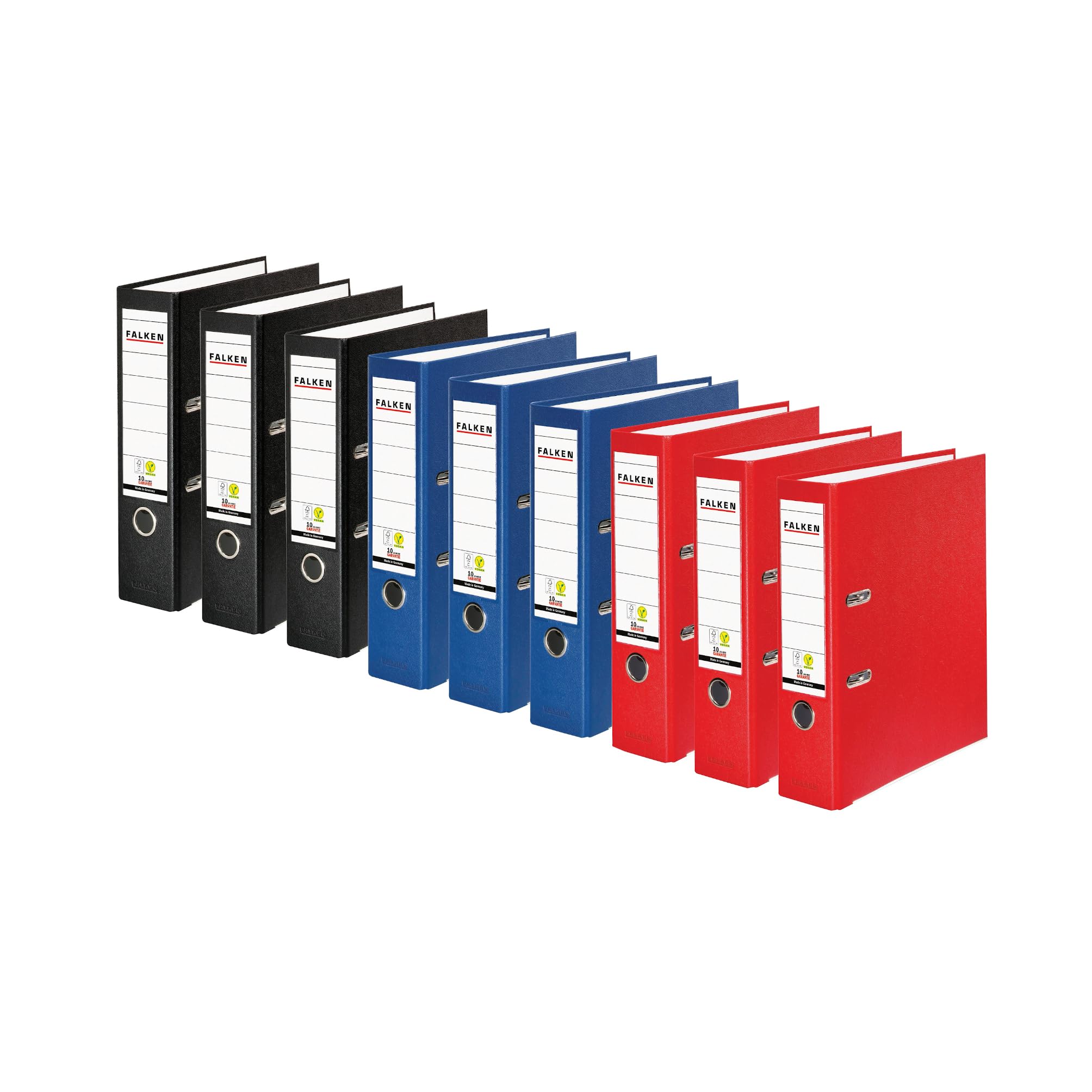 Original Falken 9er Pack PP-Color Ordner. Made in Germany. 8 cm breit DIN A4 farbig sortiert in schwarz blau rot Vegan Kunststoff-Ordner Ringordner Aktenordner Briefordner