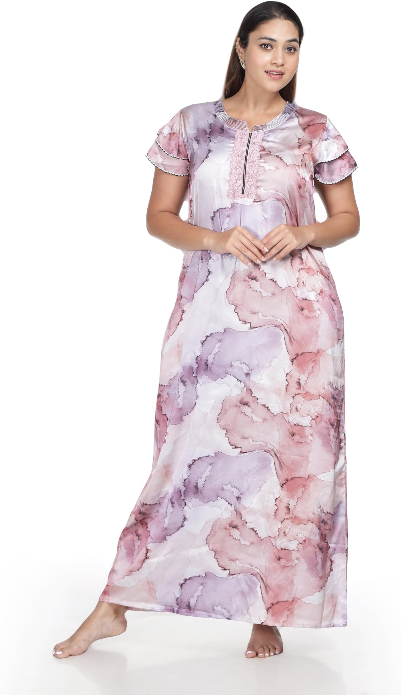 9shines LabelSatin Designer Nighty | Attractive Multi Colored Cloud Printed Night Gown for Women | Shot Sleeves with Pocket On The Right Side (S06)