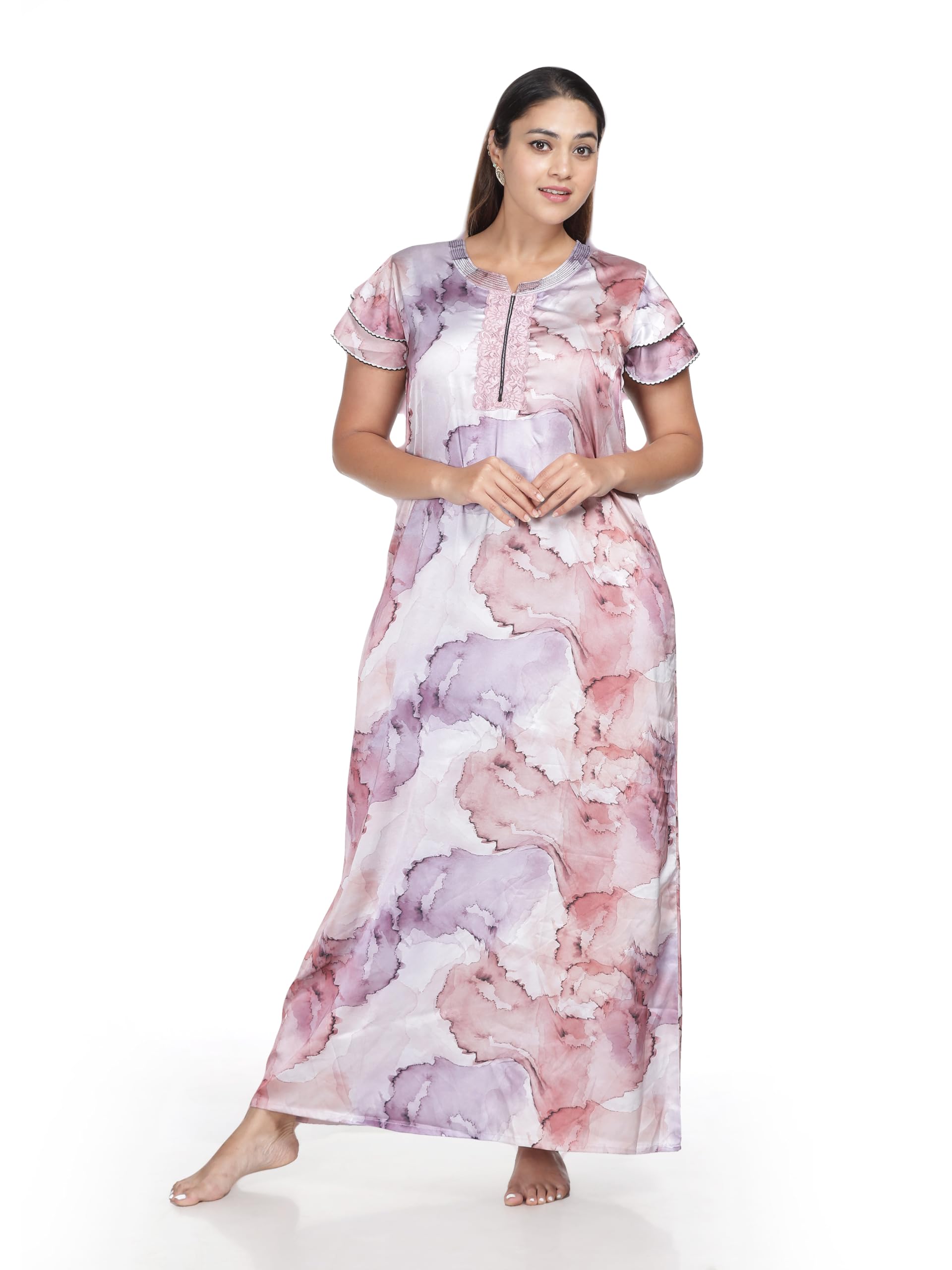 9shines LabelSatin Designer Nighty | Attractive Multi Colored Cloud Printed Night Gown for Women | Shot Sleeves with Pocket On The Right Side (S06)