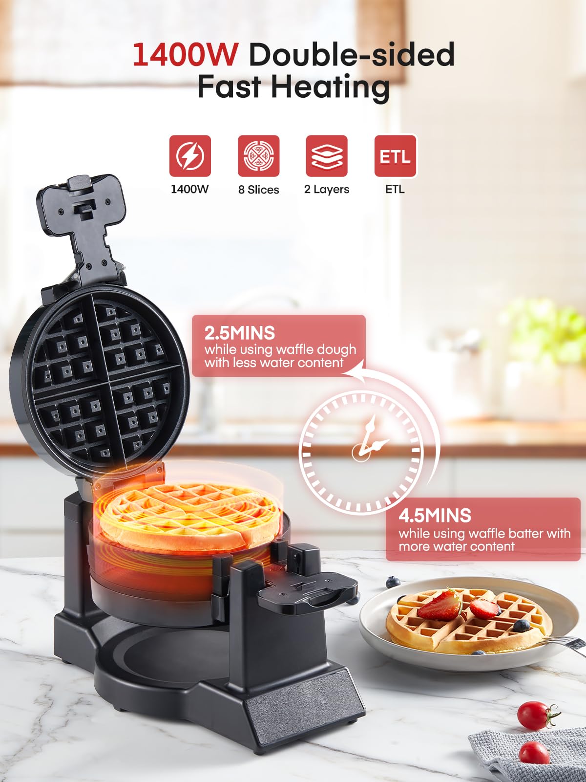 FOHERE Moule à gaufres 1400W Double moule à gaufres belges Rotation à 180°, 8 gaufres en 3 min., plaques antiadhésives, protection anti-brûlure, bac de récupération amovible Facile à nettoyer, Waffle