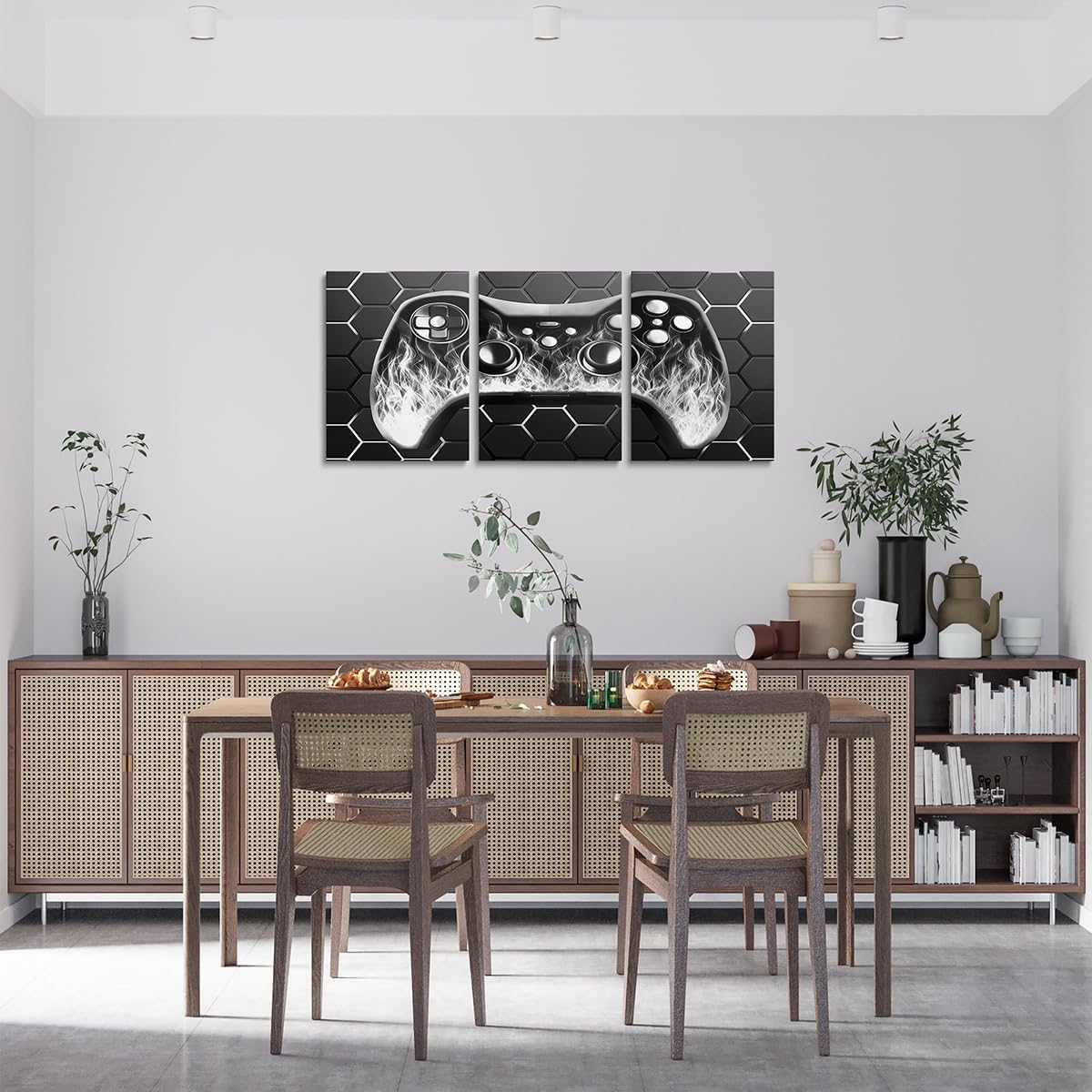 Erosebridal Gaming Wall Decorations for Kids Boys,12"X16" Kids Gamer Wall Art Decor for Boys Game Room,Gamer Wall Painting Gray Black Geometric Honeycomb Artwork Posters 3D Flame Gamepad Paintings image 2