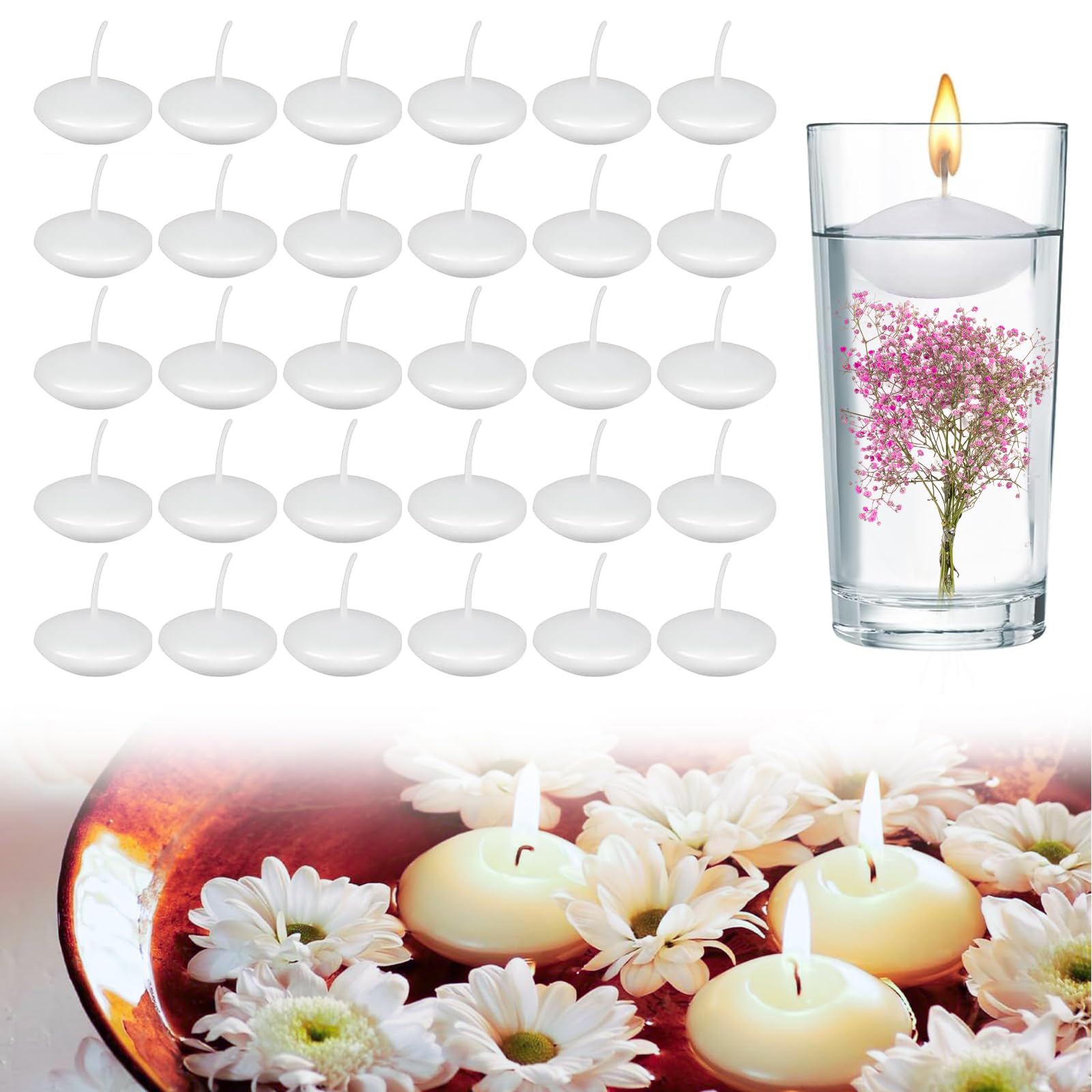 30Pcs Round Floating Candles Set, Unscented Small Floating Water Candles, White Burning Candle