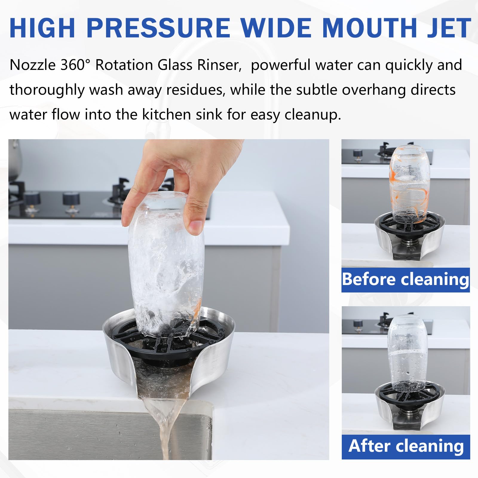 Enjuagador de vidrio 2 en 1 para fregadero de cocina, barra de acero inoxidable con protector de manchas, pulverizador extraíble para lavadora de tazas, limpiador de botellas (brillante)