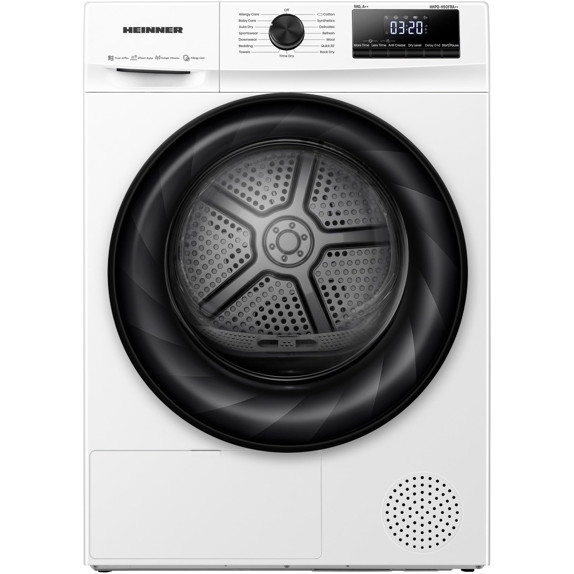 HHPD-H90FRA++ Wärmepumpentrockner - 9 kg Kapazität, 15 Programme, LED-Display, Anti-Falten-Funktion, Energieklasse D, Weiß, 160 Zeichen, 5 Jahre Garantie