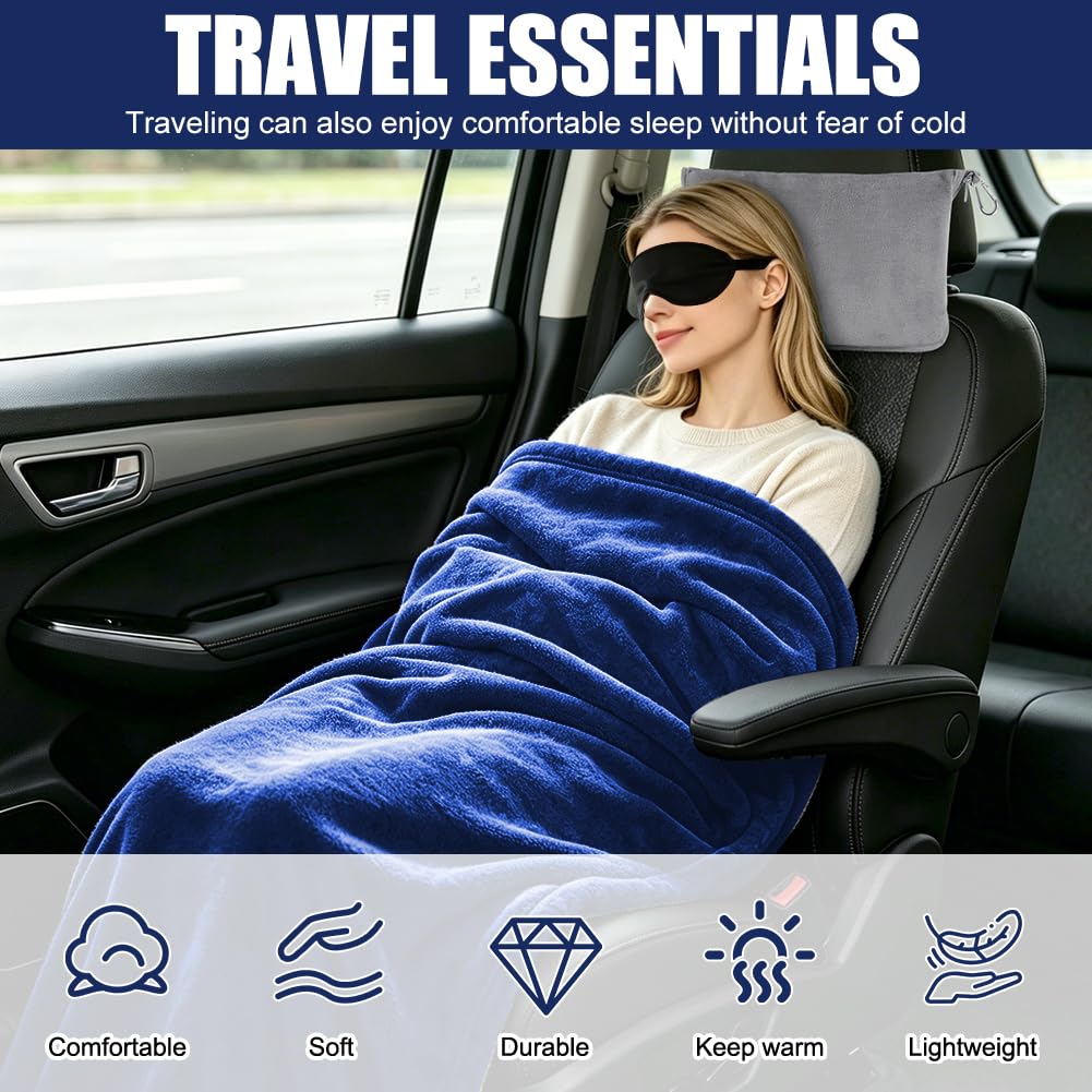 Reisedecke Kissen Decke 3 in 1, Reisedecke Ultraleicht Warm Decke Auto 152 x 127 cm, Verwandlungskissen Flugzeug Kissen mit Hülle, Gepäckhülle, Augenmaske, Ohrstöpseln (Set-Marineblau)