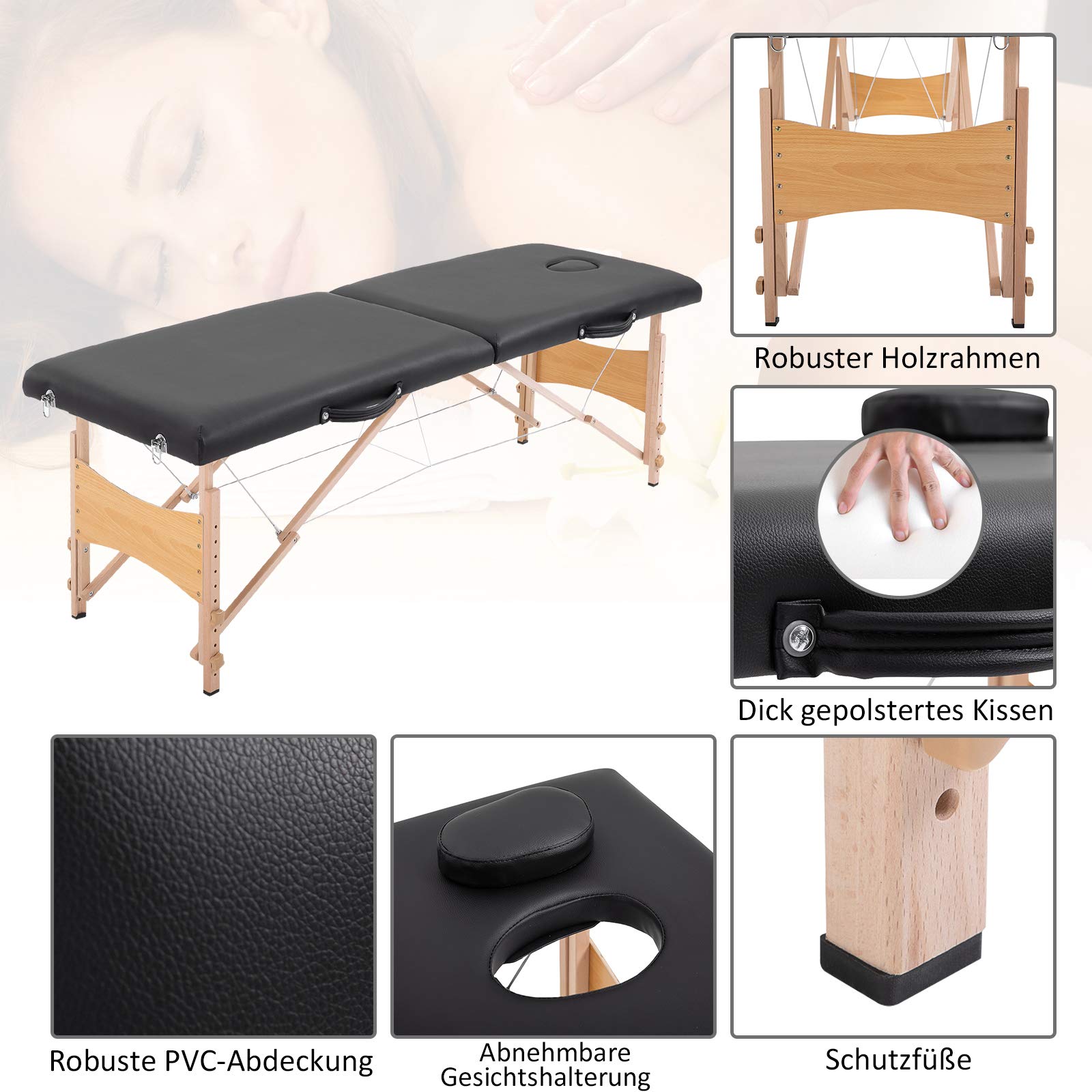 HOMCOM Massageliege 3 Zonen Klappbar Massagetisch mit Kopfstütze Armlehne Tragetasche Holzfüßen höhenverstellbare Massagebett tragbar Kosmetikliege für Tattoo Spa Salon Schwarz