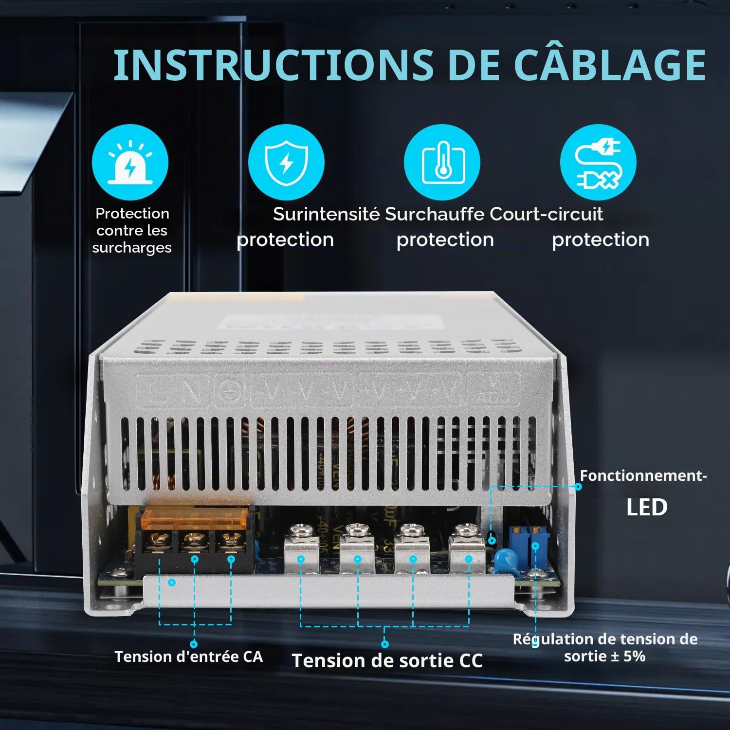 DC 12V 125A 1500W Alimentation Transformateur 220V CA à CC 12V 125A Convertisseur 1500W Alimentation pour 12V Driver LED Moteur Pompe Caméra Sécurité CCTV Voiture Stéréo 3D Imprimante
