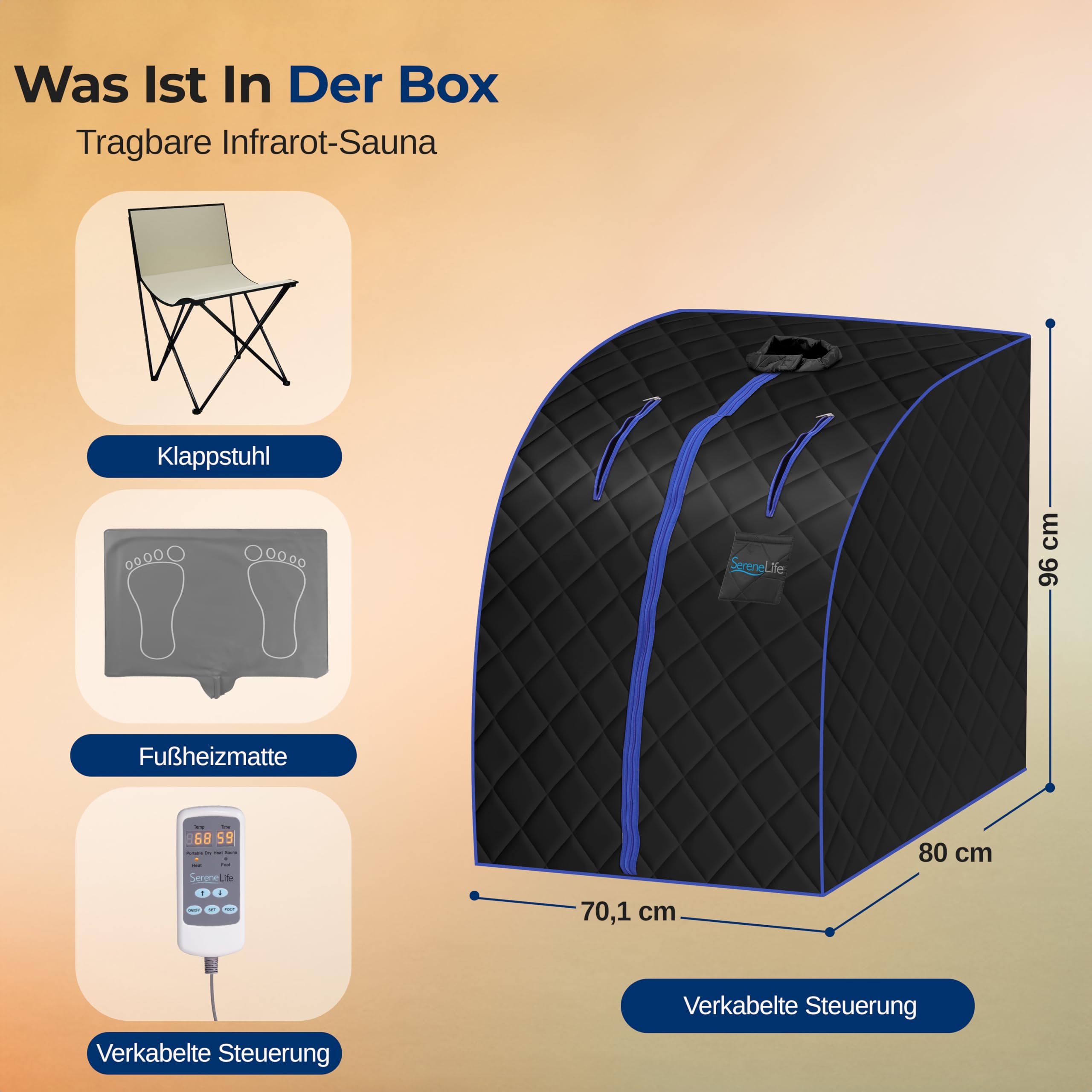 SereneLife Dampfsauna Zelt Schwarz 70 x 80 x 98 cm – Tragbare Heimsauna mit Stuhl und Heizmatte Faltbare Mini Sauna - Mobile Dampfbad Kabine bis 60 °C, Carbon-Heizelement und Fernbedienung