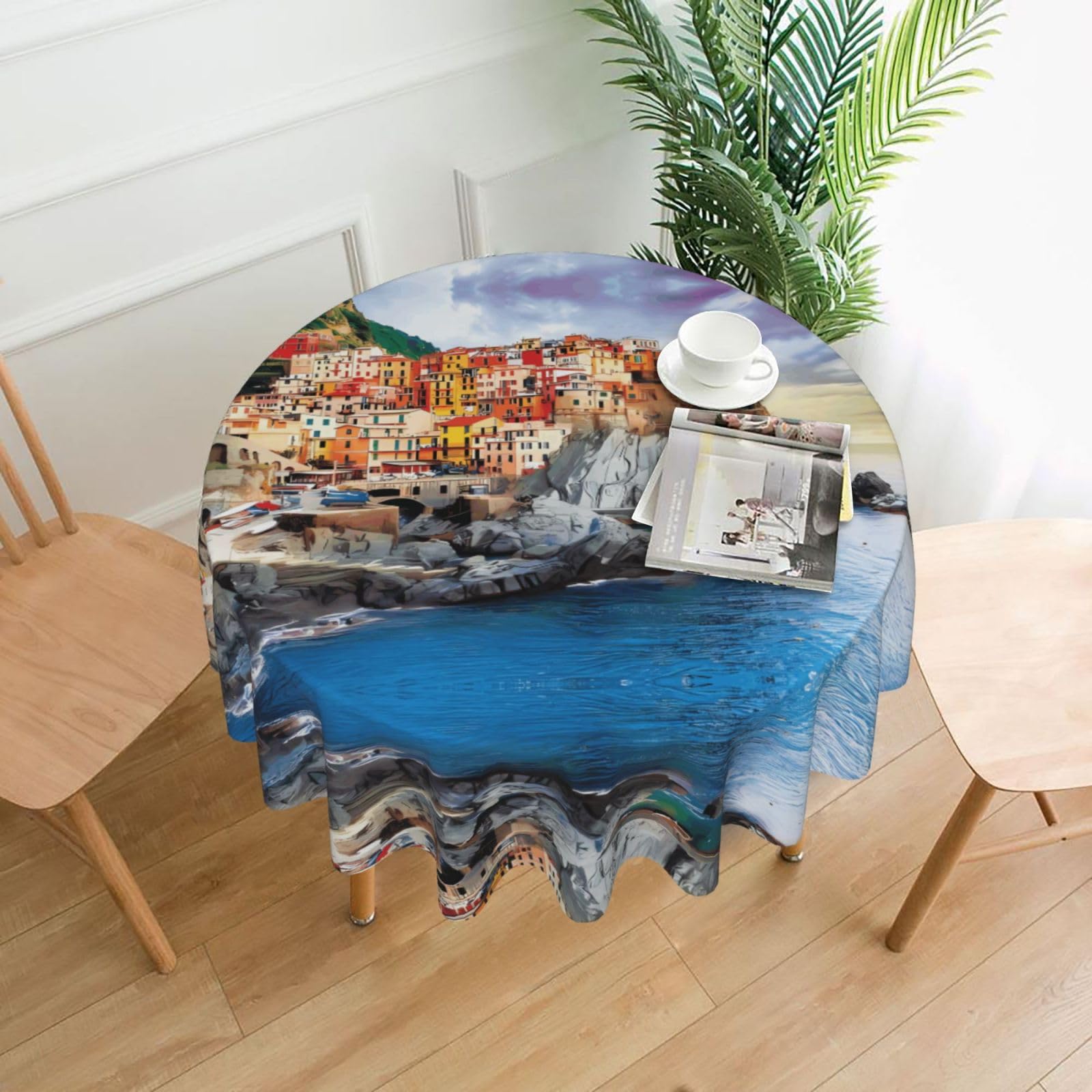 ZHAOUR Cinque Terre Scenery Print Round Washable Tablecloth – Table Cover