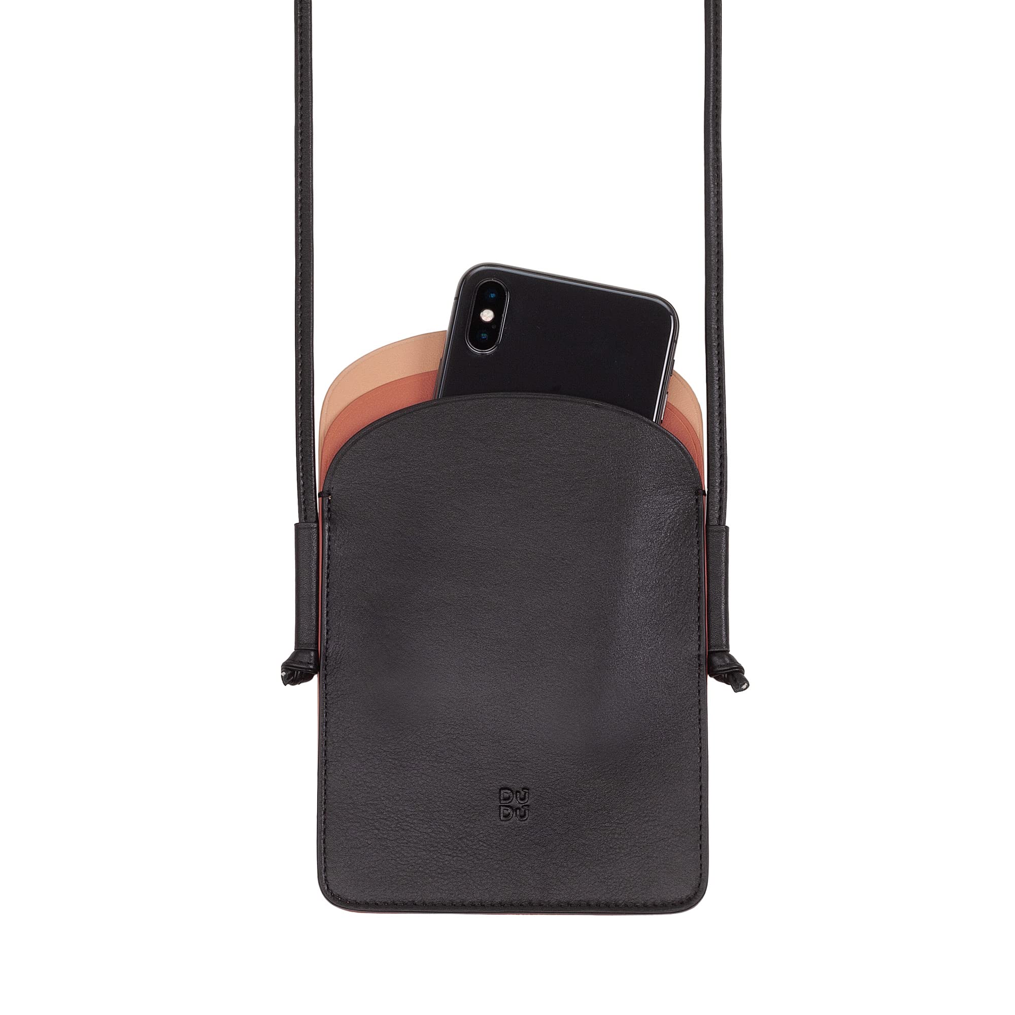 DUDU Porta Cellulare da Collo Donna in Pelle, Doppia Tasca Porta Smartphone, Tasca Porta Tessere, Tracolla Laccio Regolabile Nero