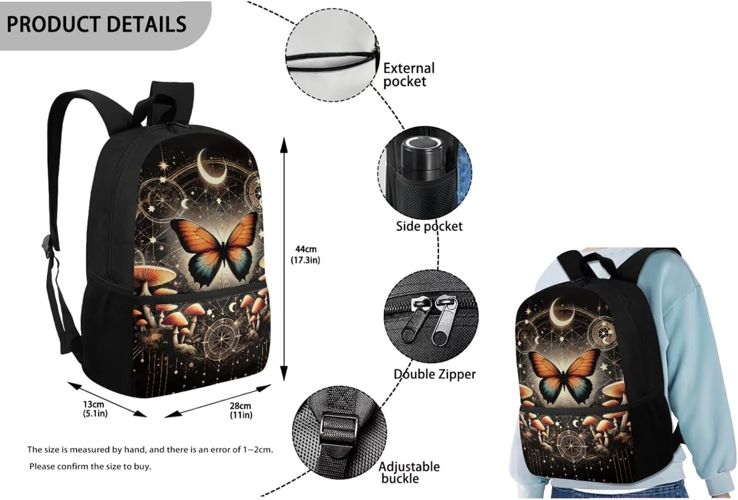 Butterfly Moon Cute Backpack for Kids Elementary Schoolbag Set with Lunch Bag & Pen Pouch Large Capacity Backpack with Soft Pad Suitable for Kids Aged 8-16 Birthday Gifts for Children