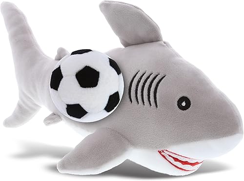 DolliBu Animal de peluche de tiburón gris con pelota de fútbol, tiburón suave y abrazable, adorable juguete de peluche de tiburón para jugar, lindo