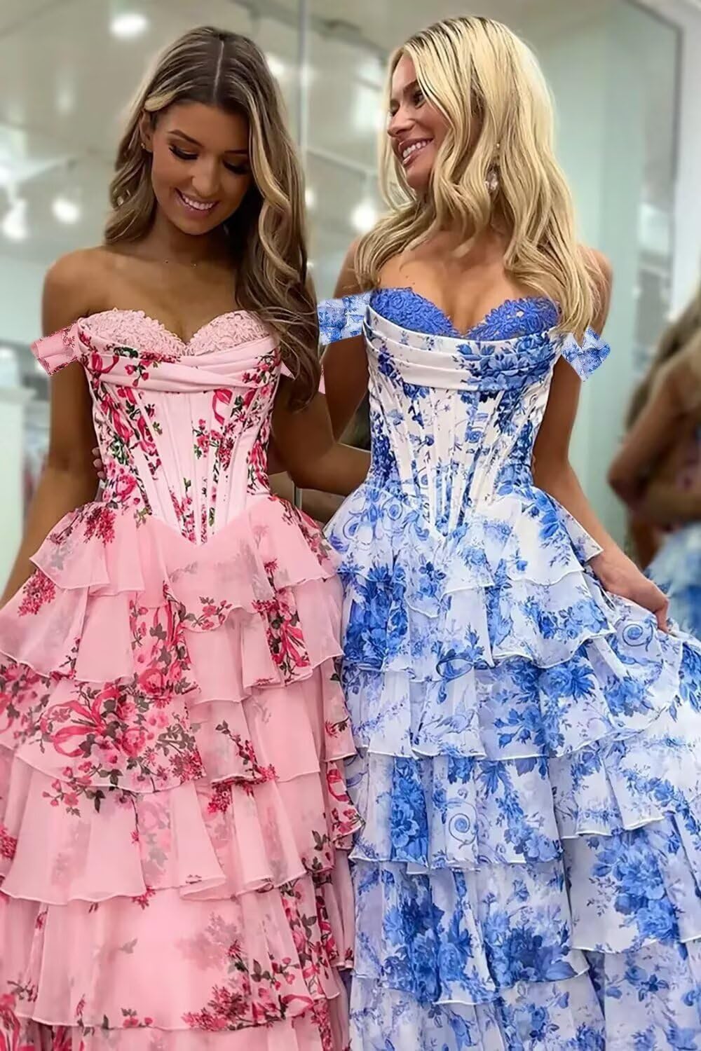 GATMAHE Off Shoulder Floral Print Prom Dresses for Women with Short Sleeves Tiered Chiffon Ruffle A Line Formal Dress - Image 4