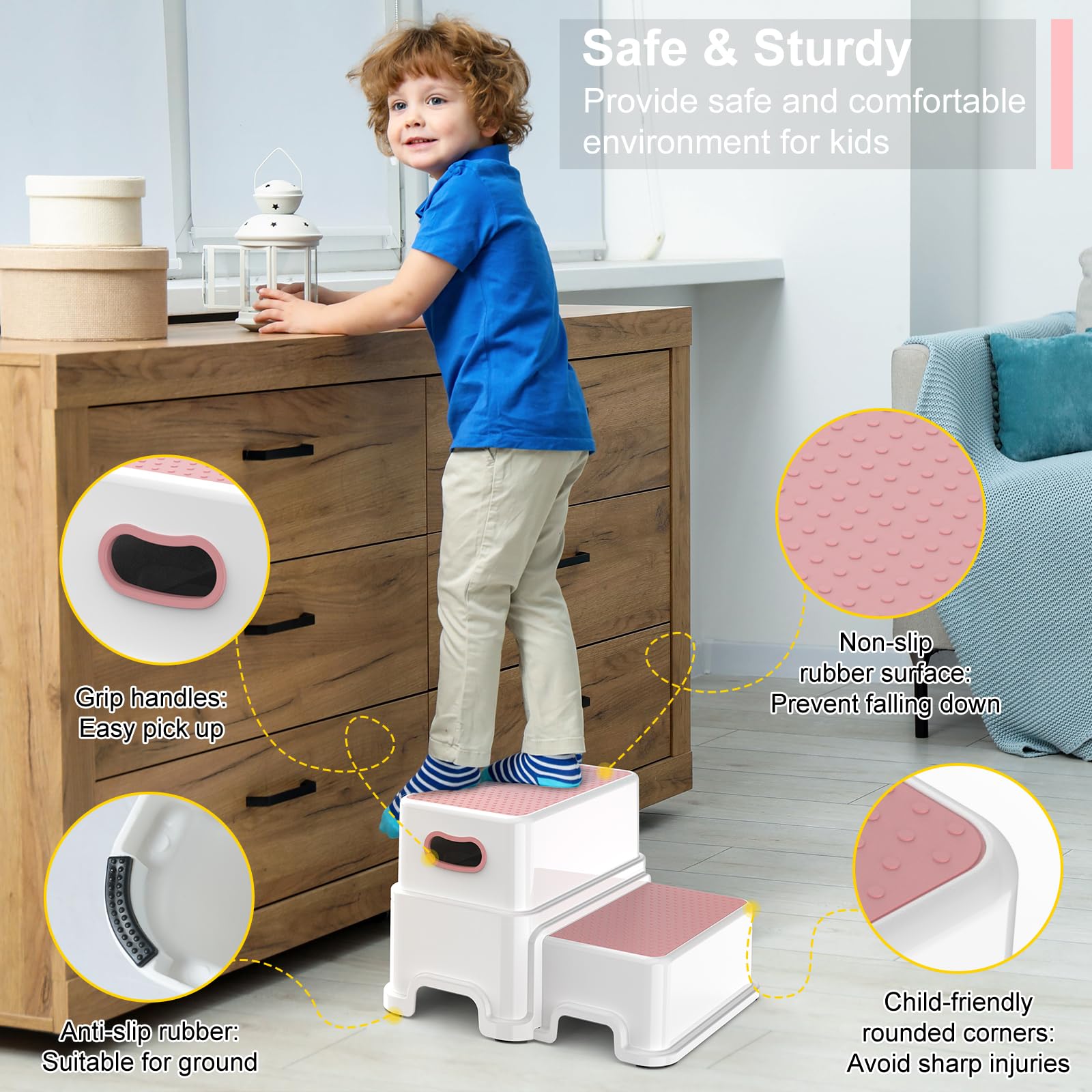 Victostar 2-Tritthocker für Kinder, rutschfest, stabil, für Kleinkinder, 2-stufig, für Toiletten-Töpfchentraining, Badezimmer, Küche (rosa)