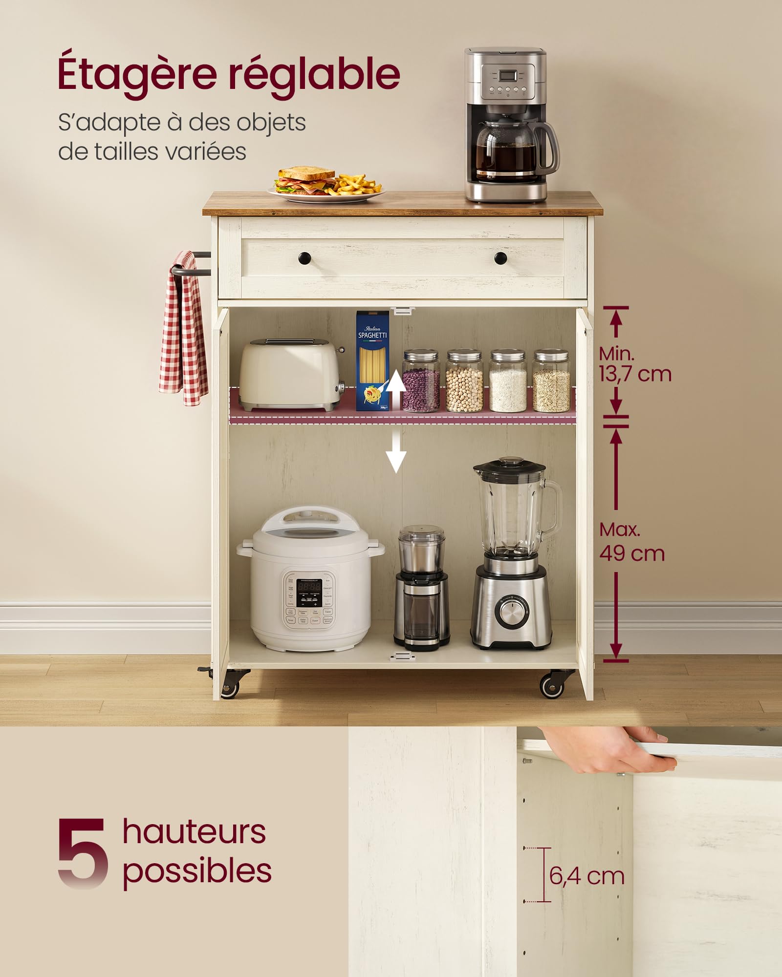 VASAGLE Siren Collection - Desserte Cuisine, Chariot à roulettes, Tiroir, Placard, Îlot de Cuisine, Étagère Réglable, 40 x 78,5 x 89,2 cm, Blanc Rustique et Marron Miel KKI009WJ01