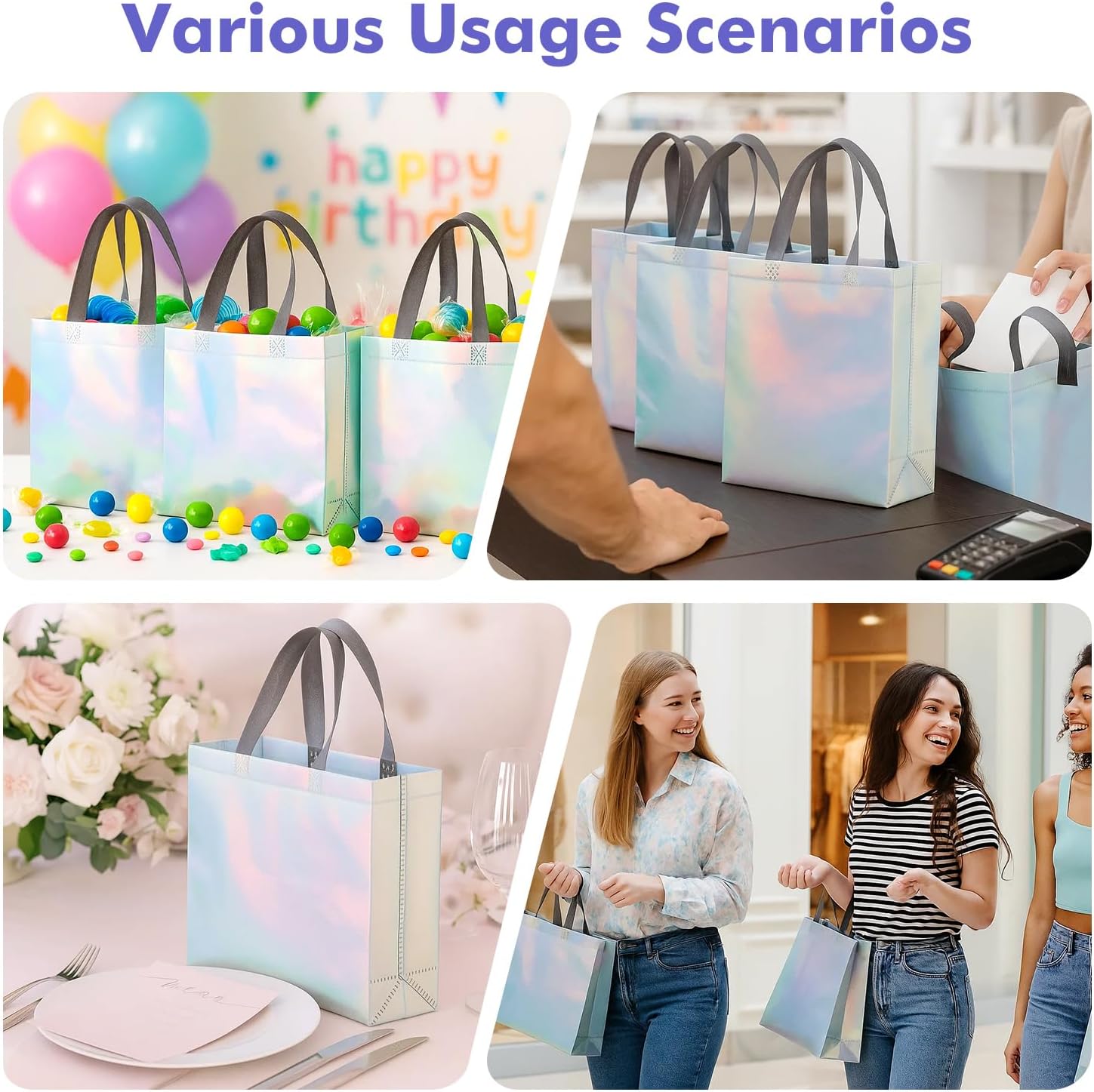 60-pack Iridescent Reusable Gift Bags with Handles 12.6 x 10.6 x 3.9 in Non Woven Shopping Grocery Bags Holographic Goodie Tote Bag for Party, Holiday, Birthday, Wedding, Bachelorette - Image 7