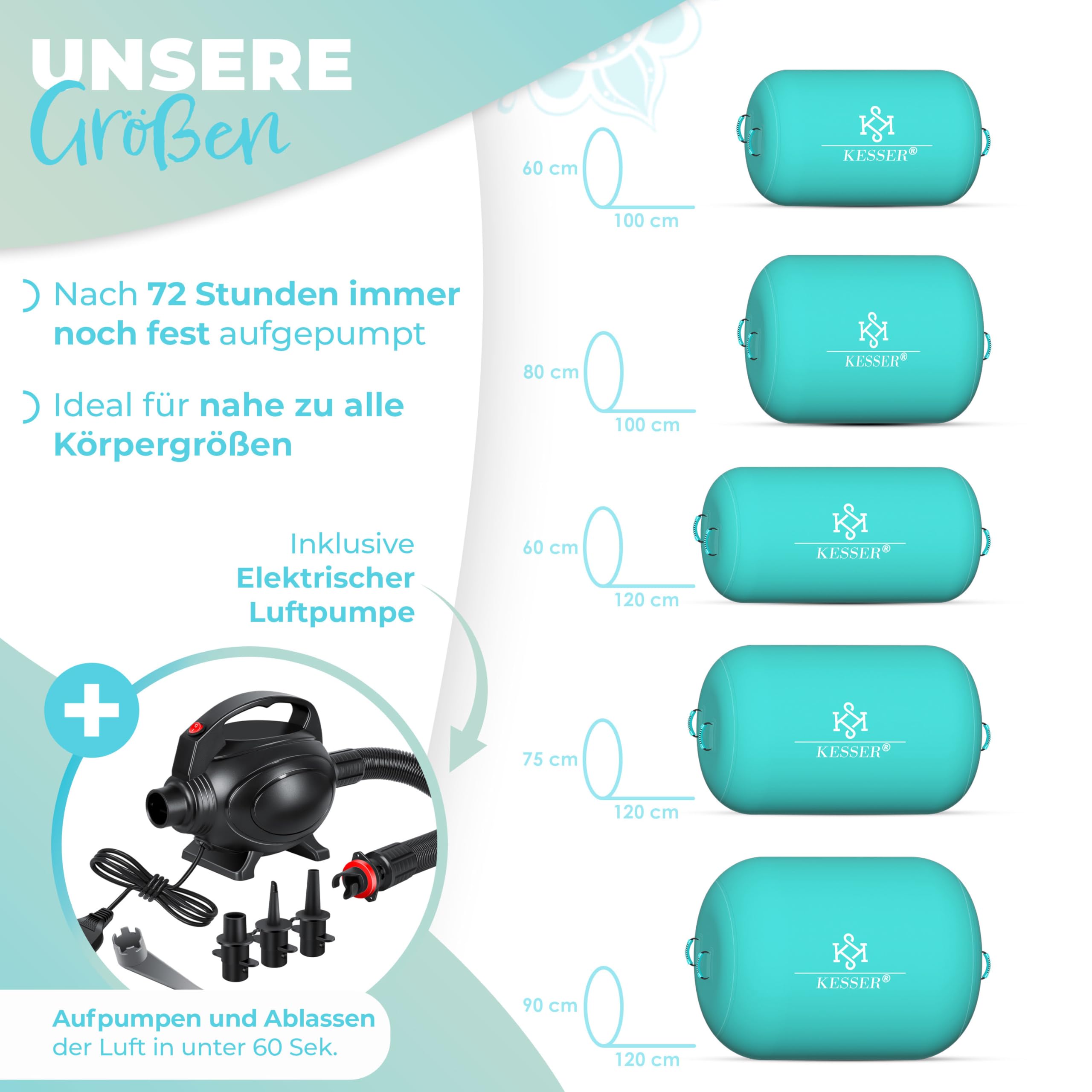KESSER® Aufblasbare Airtrack | inkl. Tragetasche & elektr. Luftpumpe | Barrel Tumbling, Yoga, Fitnessmatte, Trainingshilfe, Turnmatte, Balance Trainer, Sportmatte, Gymnastikmatte, Workout