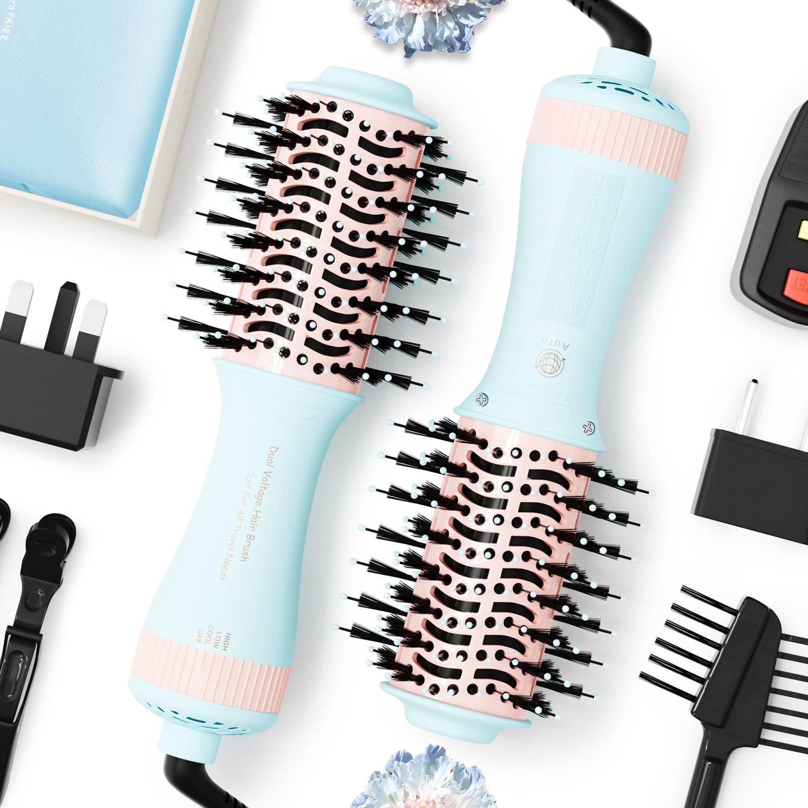 Travel Dual Voltage Hair Dryer Brush 4-in-1 Portable Mini Hot Air Blow Dryer Straightener &amp; Curler Brush, Titanium Round Blowout Styler Volumizer Tools, 110/240V US/EU/UK -Baby Blue &amp; Light Pink