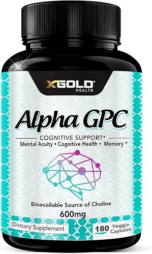 Alpha GPC Suplemento de colina 600 mg, 99%+ altamente purificado, fuente de colina altamente biodisponible, 180 cápsulas vegetales, potenciador