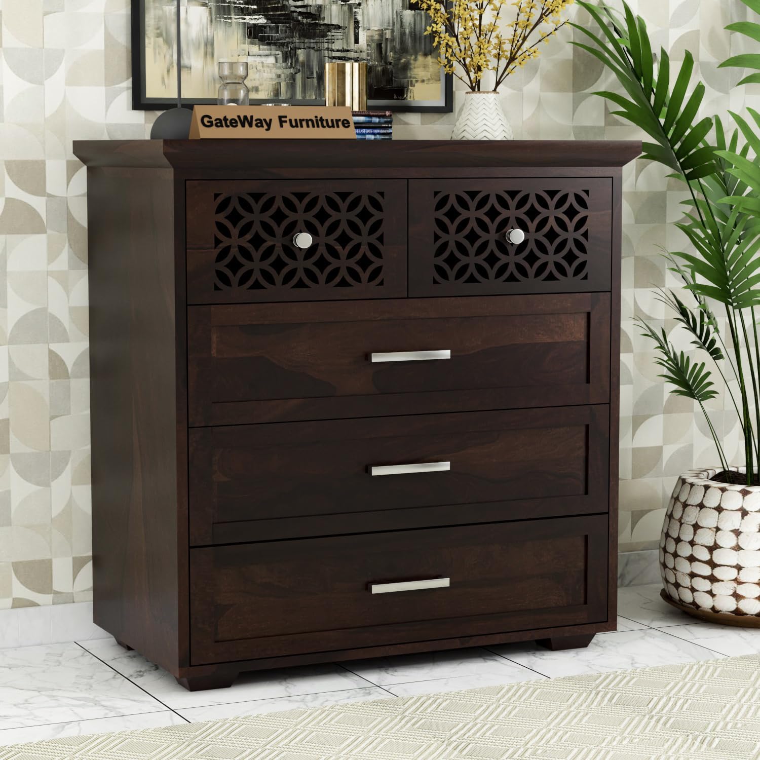 GateWay Furniture Rustic Sheesham Wood Wooden Chest of Drawers with 5 Drawers - Walnut Finish for Living Room Storage (Walnut Finish)-image-32