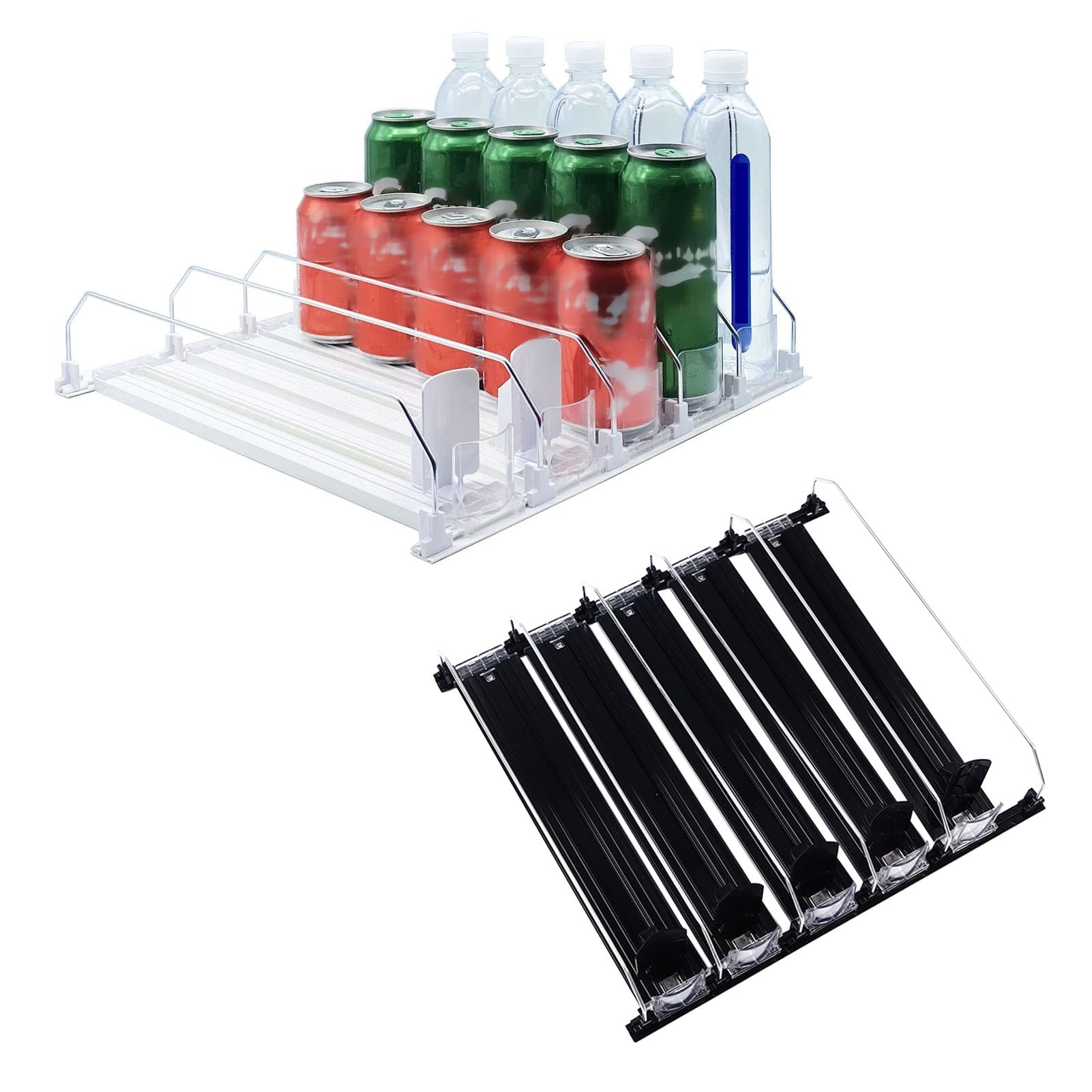 Dilwe Organizador de Bebidas para Nevera, Dispensador de Latas de Refresco con Resorte ABS Ajustable para Latas de 12 a 20 Onzas con Riel Deslizante, Estante para Bebidas que Ahorra Espacio para