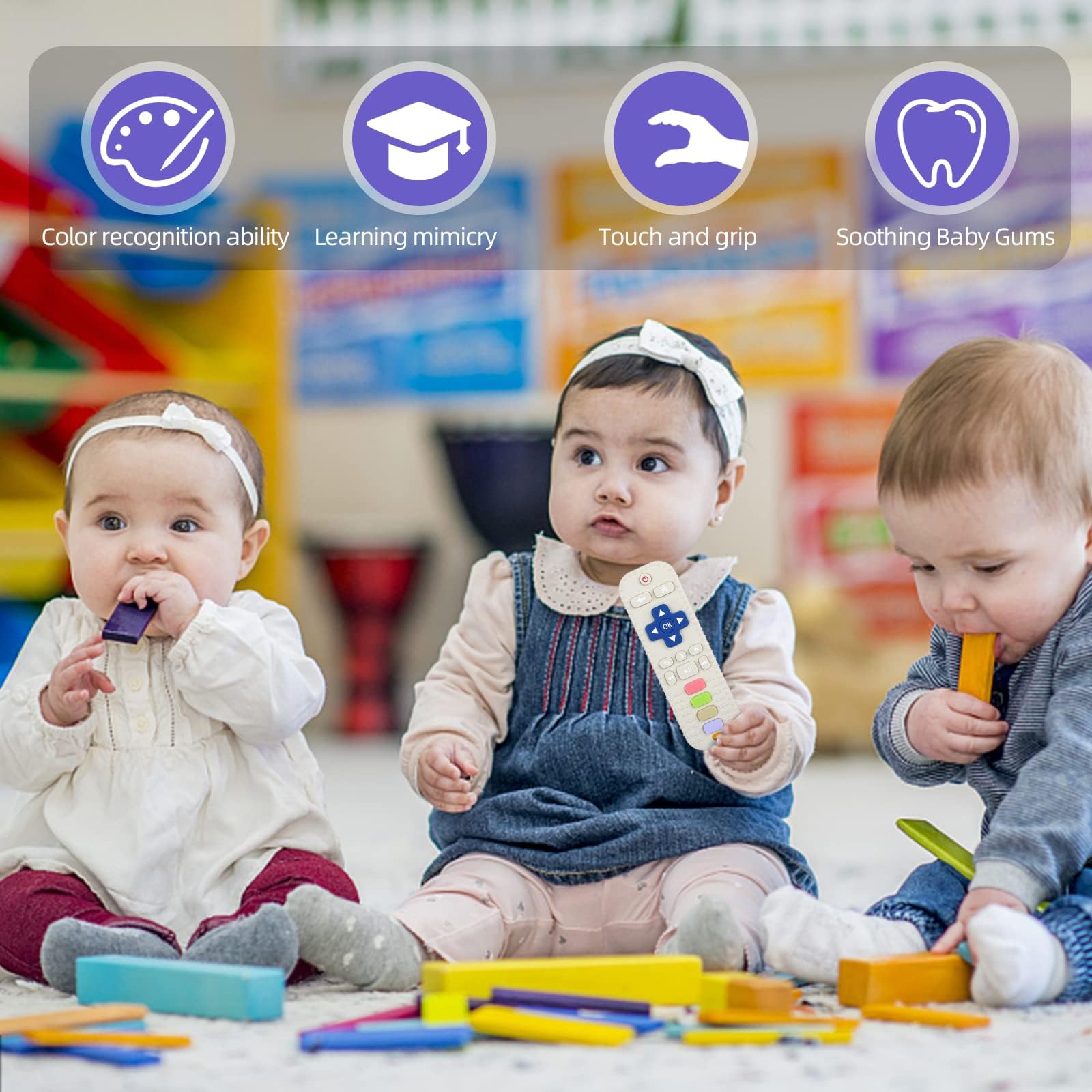 WUJUN Baby Teether Toy Chew Toy for Babies 3-24 Months TV Remote Control Shape Teething Relief Baby Toys for Infants (Apricot) - Image 4