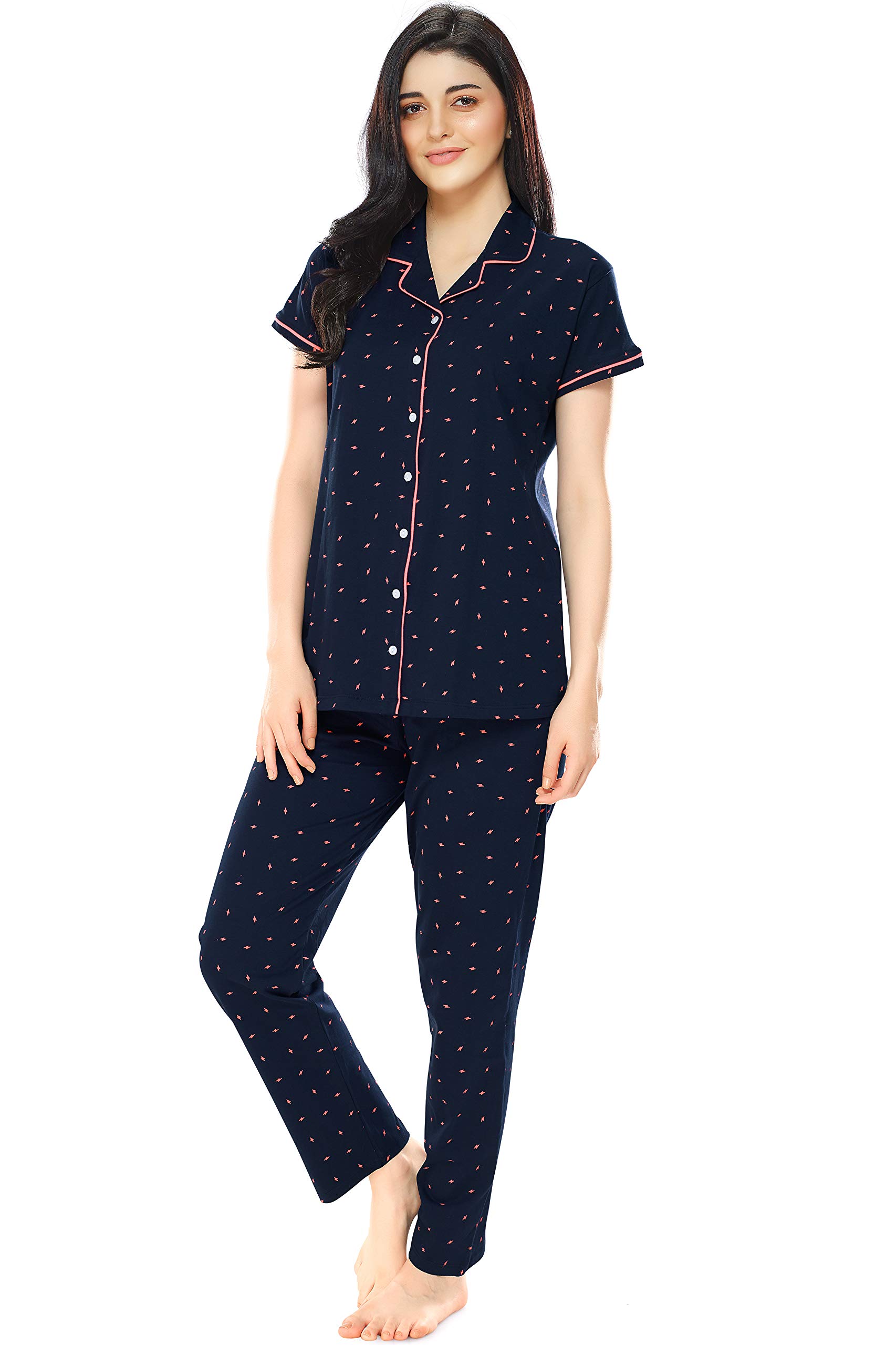 ZEYO Women's Cotton Flash Printed Navy Blue Night Suit Shirt & Pajama Set 5251 (Medium) - Image 4 thumbnail