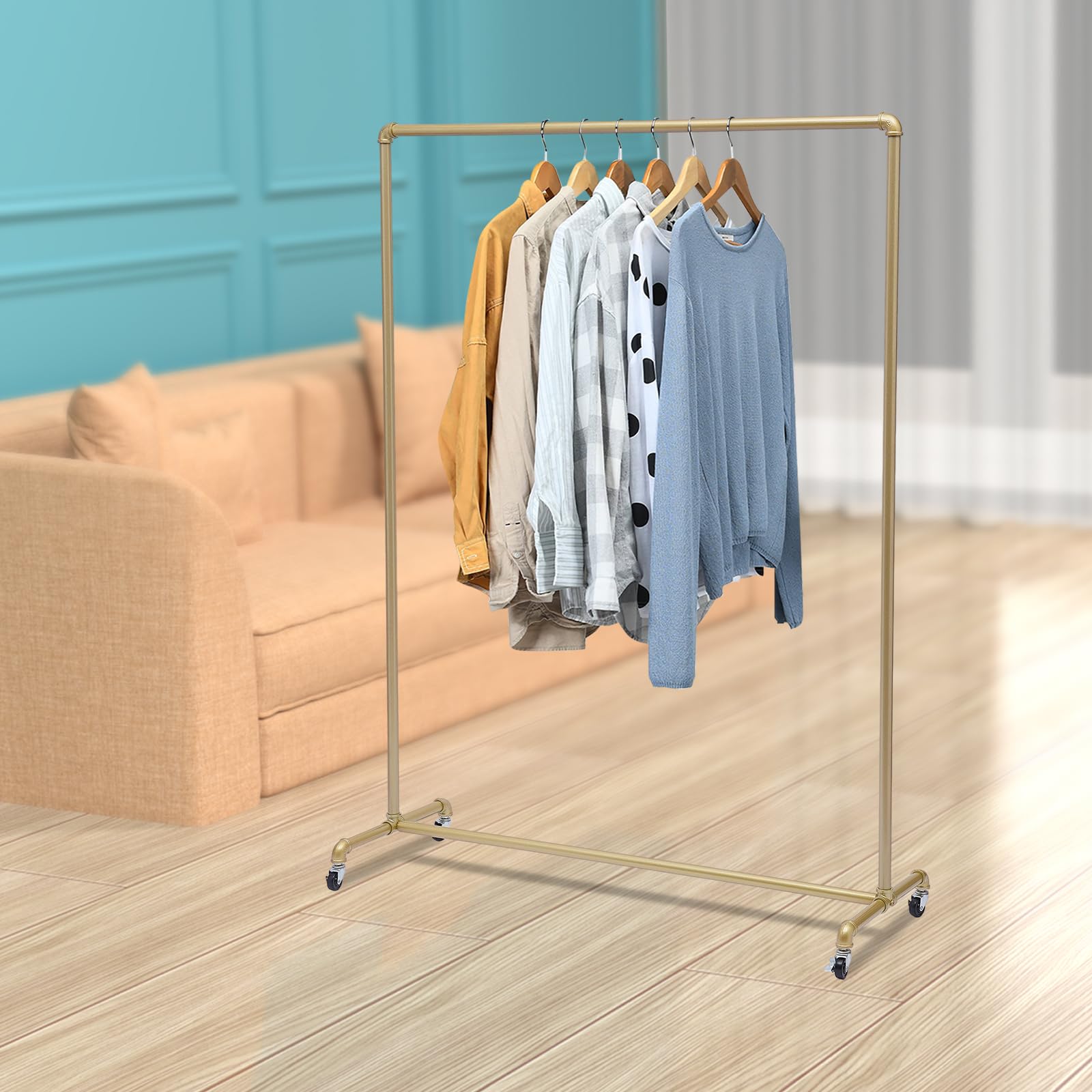 Miiwwowo Gold Clothes Rail Industrial Pipe Clothing Rack With Wheels Rolling Garment Rack For Display Hanging Clothes Display Stands Home Storage Clothes Hanging Shelves