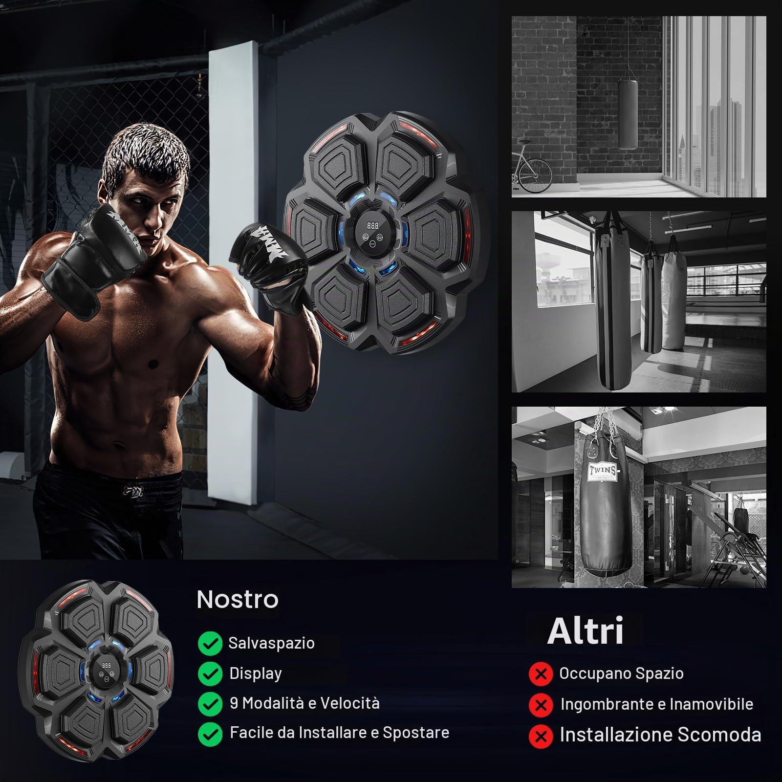 FOOING Macchina da Boxe Musicale Smart con Bluetooth, Luci LED e Livelli di velocità per Adulti e Bambini, Attrezzo per Allenamento con Guantoni da Boxe per Ridurre Lo Stress e Allenamento Domestico