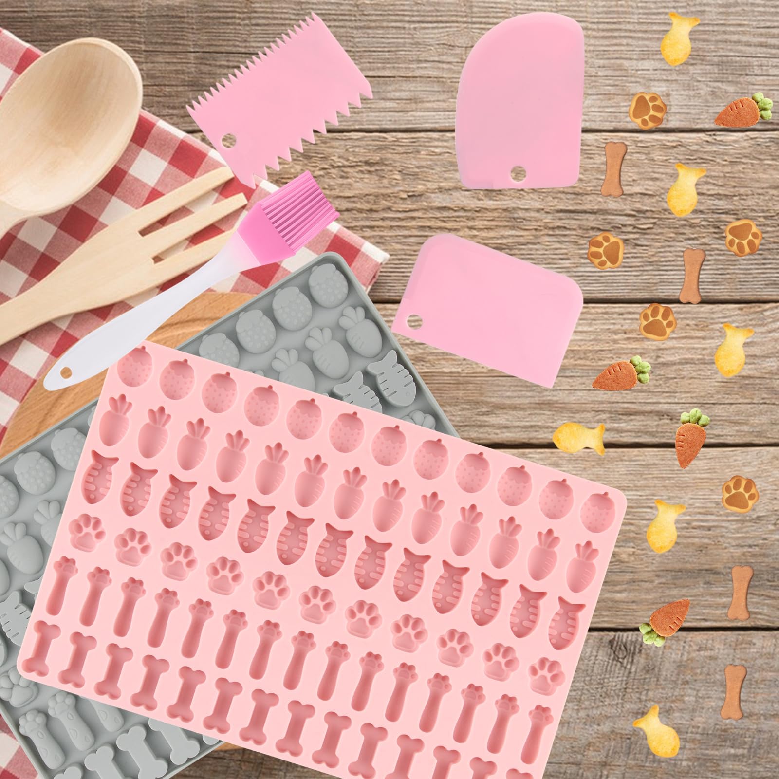 Set Di 3 Stampi In Silicone Alimentare Per Biscotti E Cioccolato, Forma Osso E Zampa, 29,5x19,8 Cm, Rosa