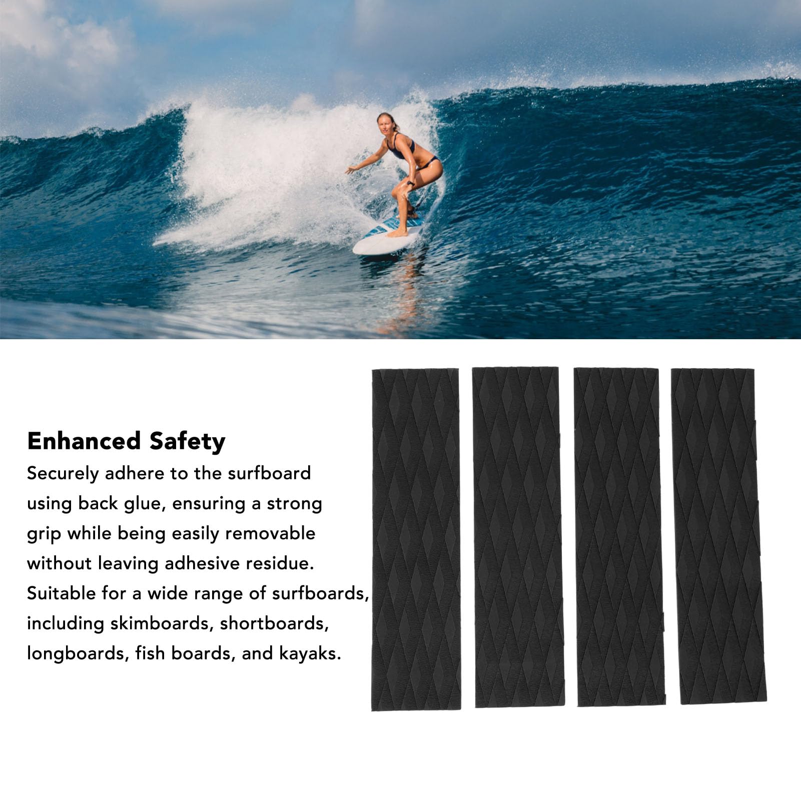 QANYEGN 4Pcs Surfboard Traction Pads, Surfing Skimboard Deck Traction Pads, Surfing Front Traction Anti Slip Pad for Skimboards Kayak (Black)
